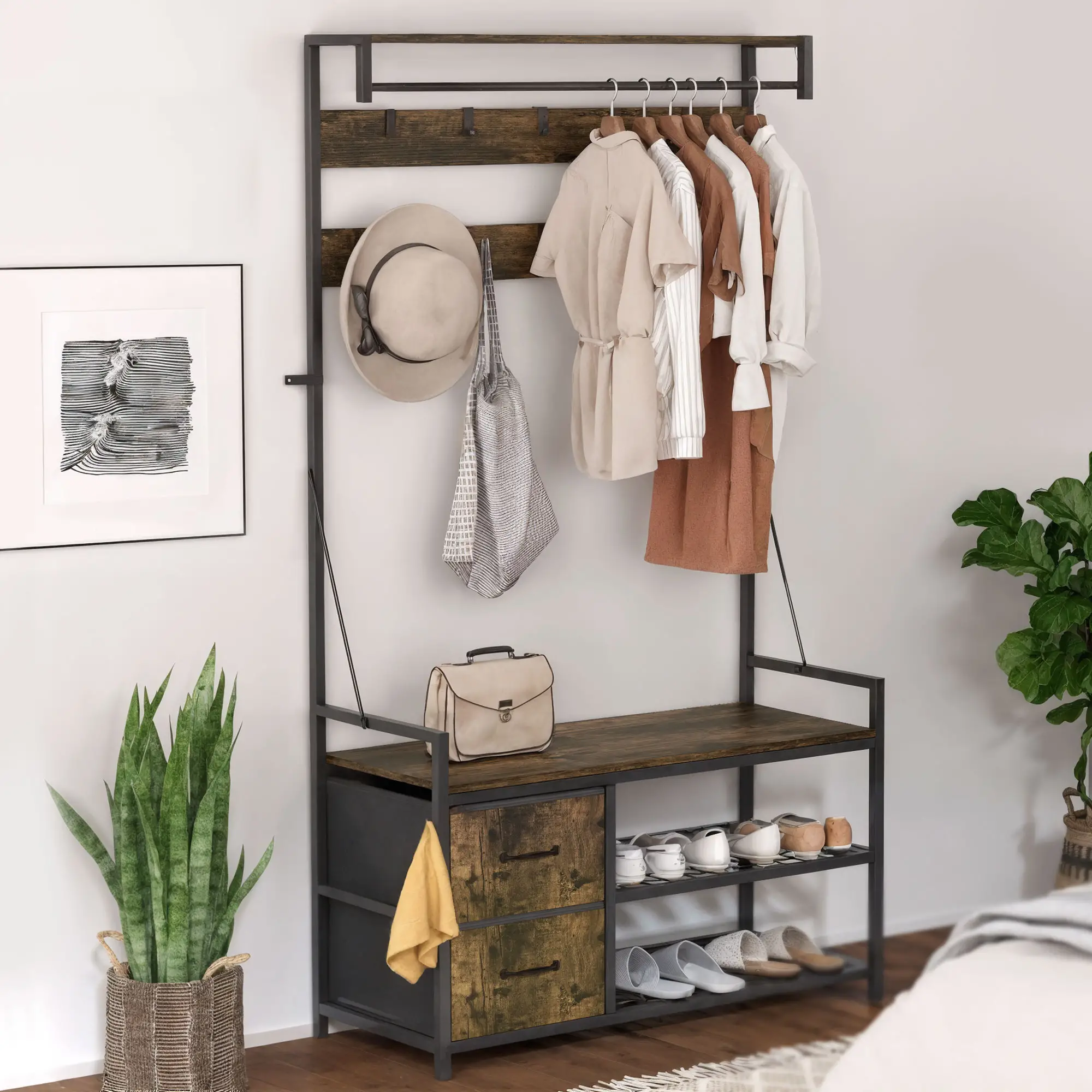6-In-1 Hall Tree, Bench with Shoe Storage, 10 Hooks, 2 Fabric Drawers, Rustic Brown - Image 2