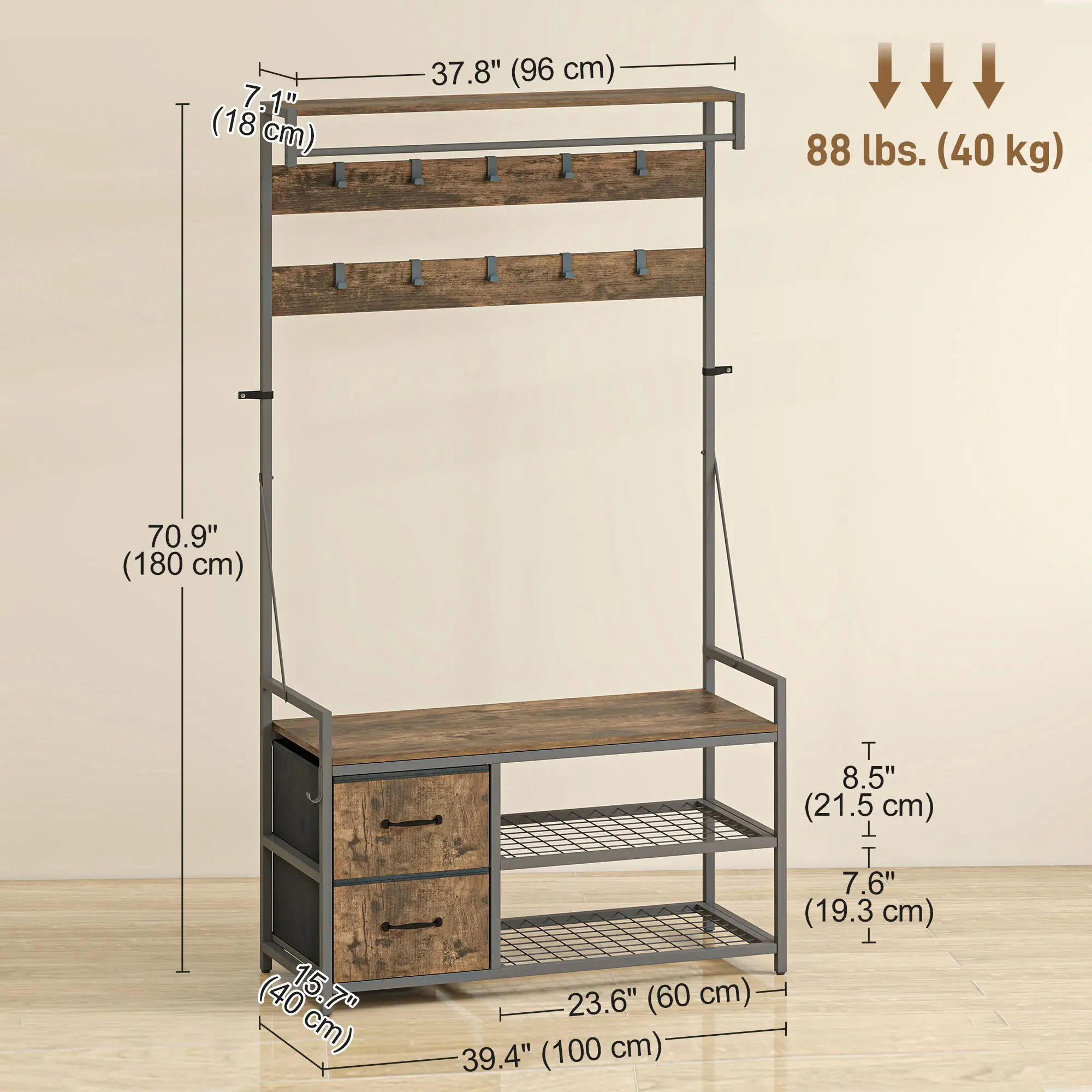6-In-1 Hall Tree, Bench with Shoe Storage, 10 Hooks, 2 Fabric Drawers, Rustic Brown - Image 3
