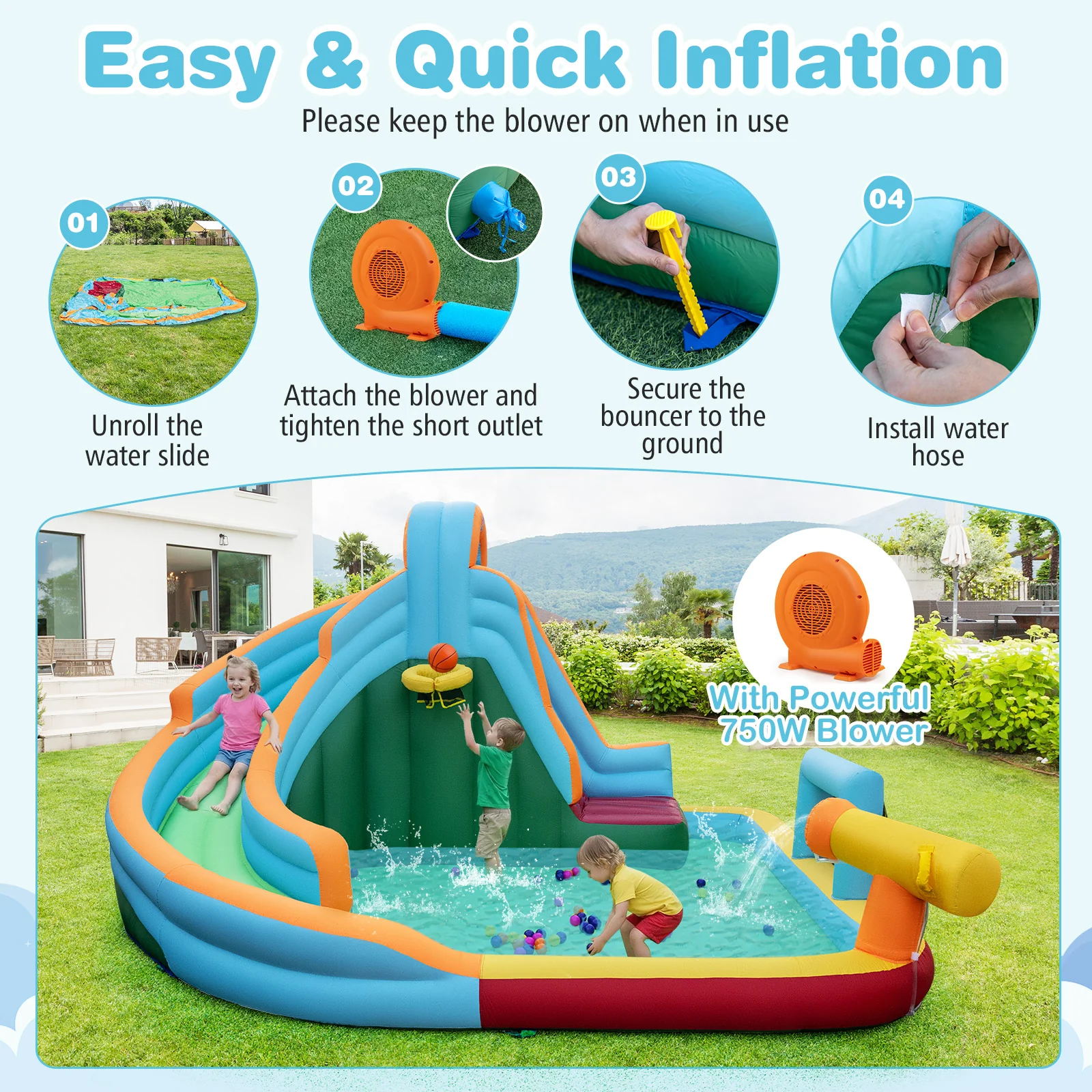 6-in-1 Inflatable Water Slide Park, 750W Blower, Multicolor - Image 10