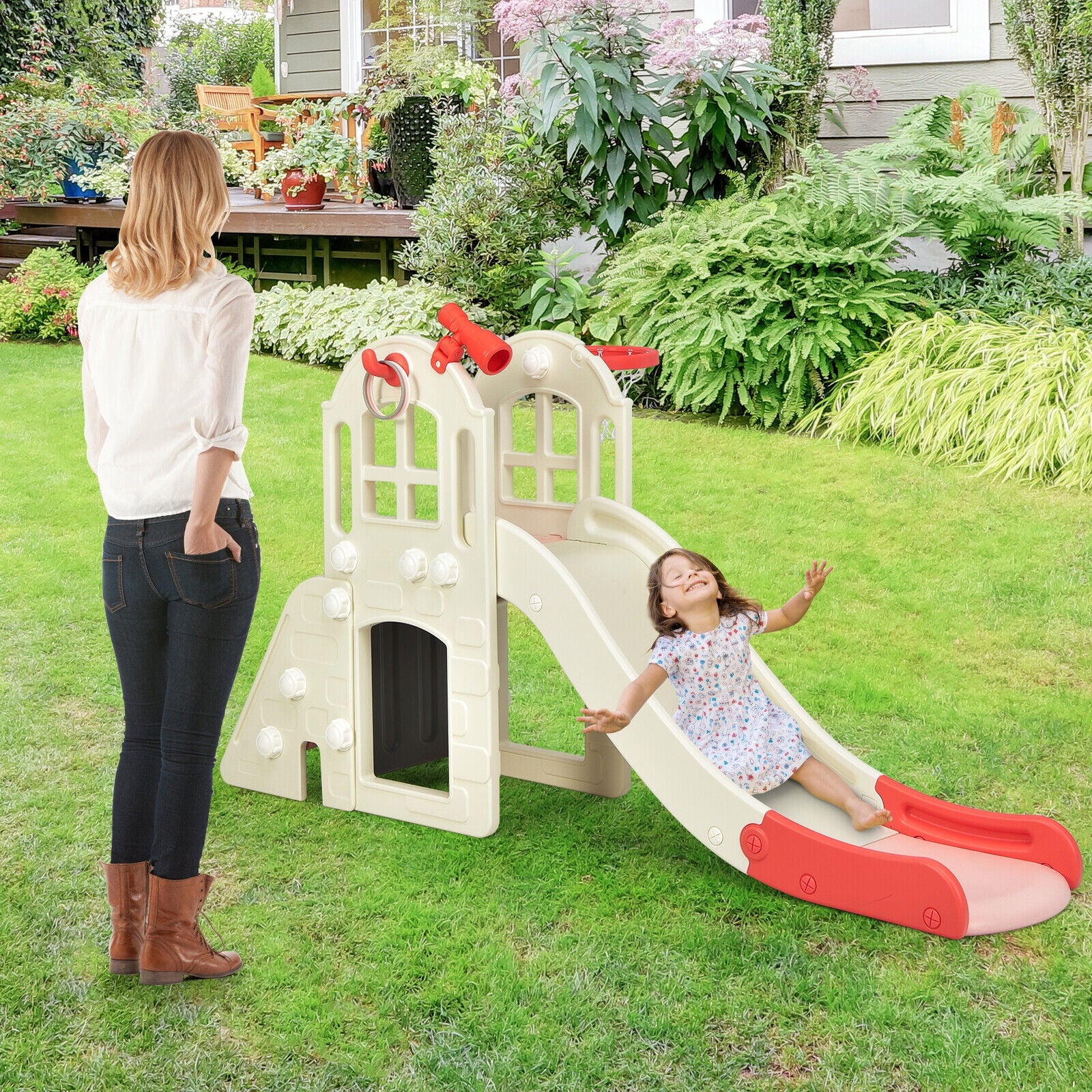 6-In-1 Large Kids Climber Slide Playset, Pink - Image 2