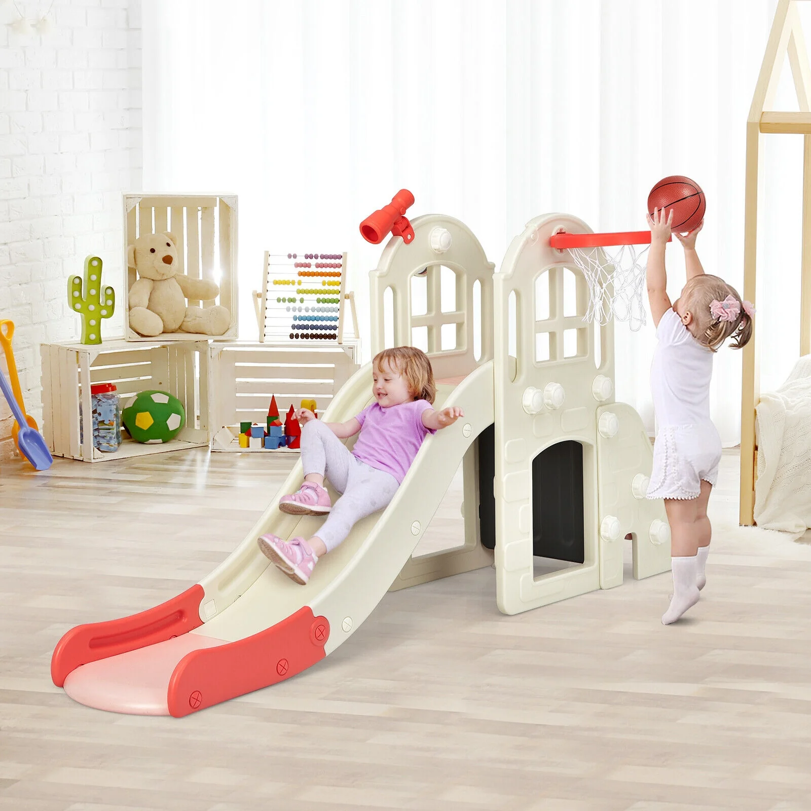 6-In-1 Large Kids Climber Slide Playset, Pink - Image 3