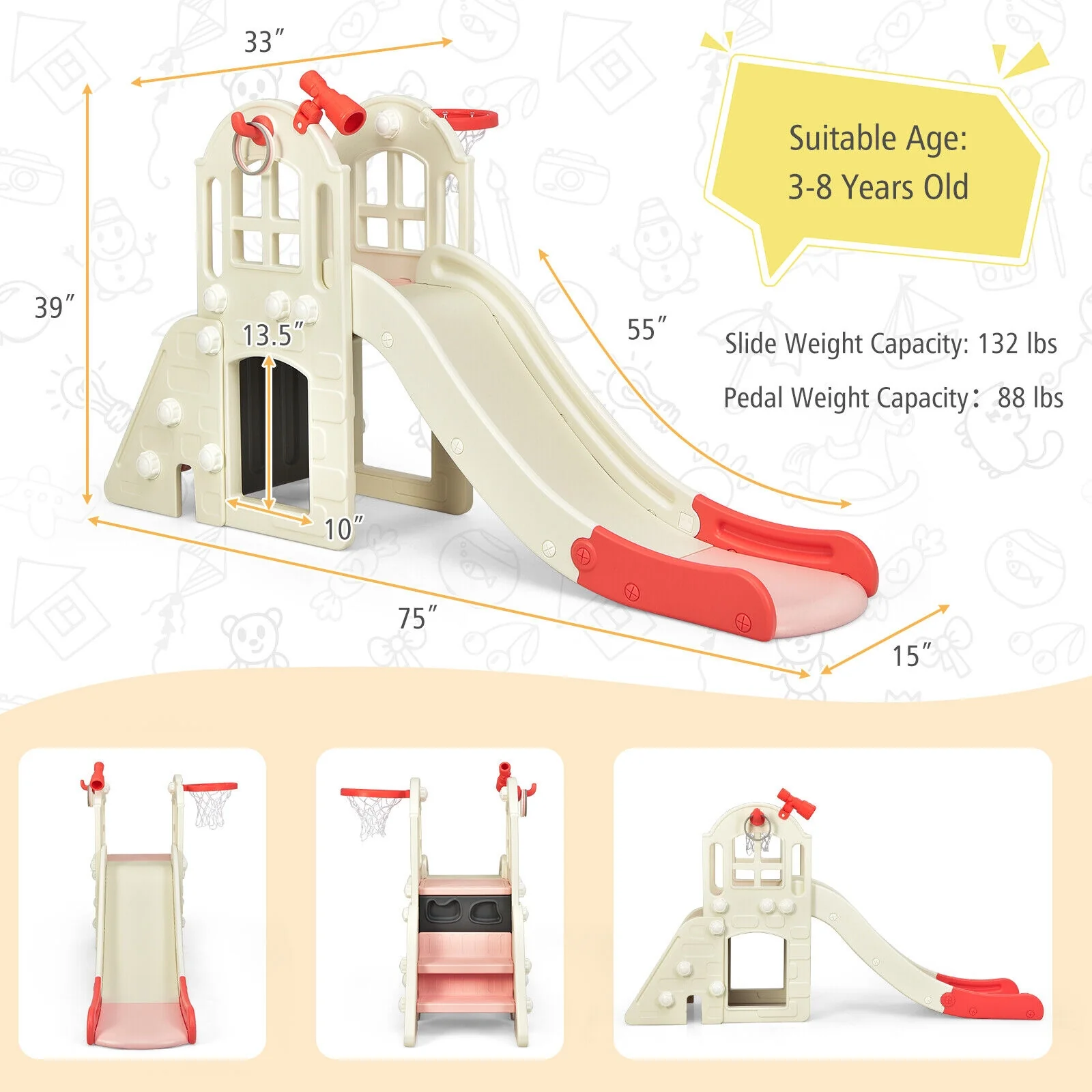 6-In-1 Large Kids Climber Slide Playset, Pink - Image 6
