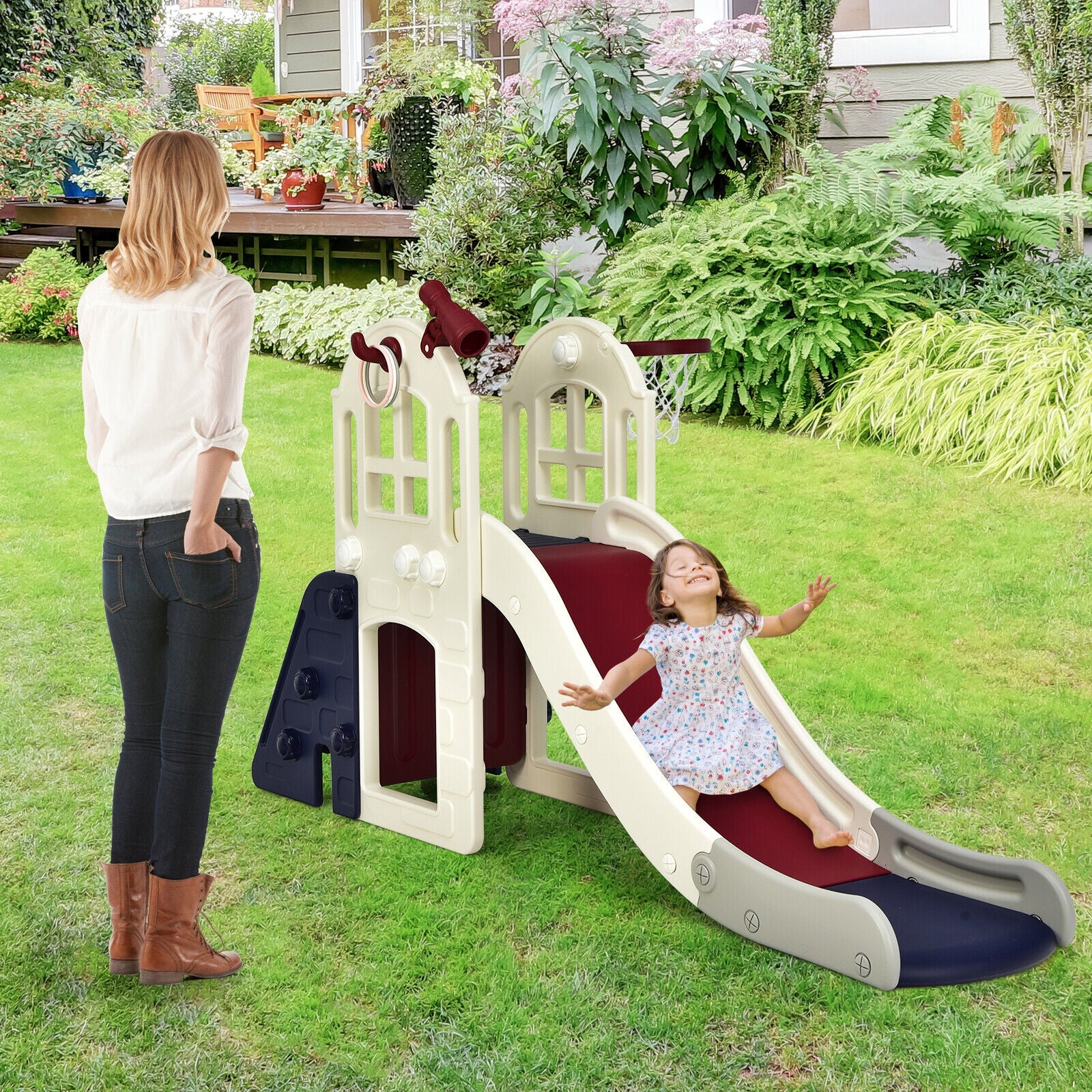 6-In-1 Large Slide For Kids, Climber Slide Playset With Basketball Hoop, Blue - Image 2