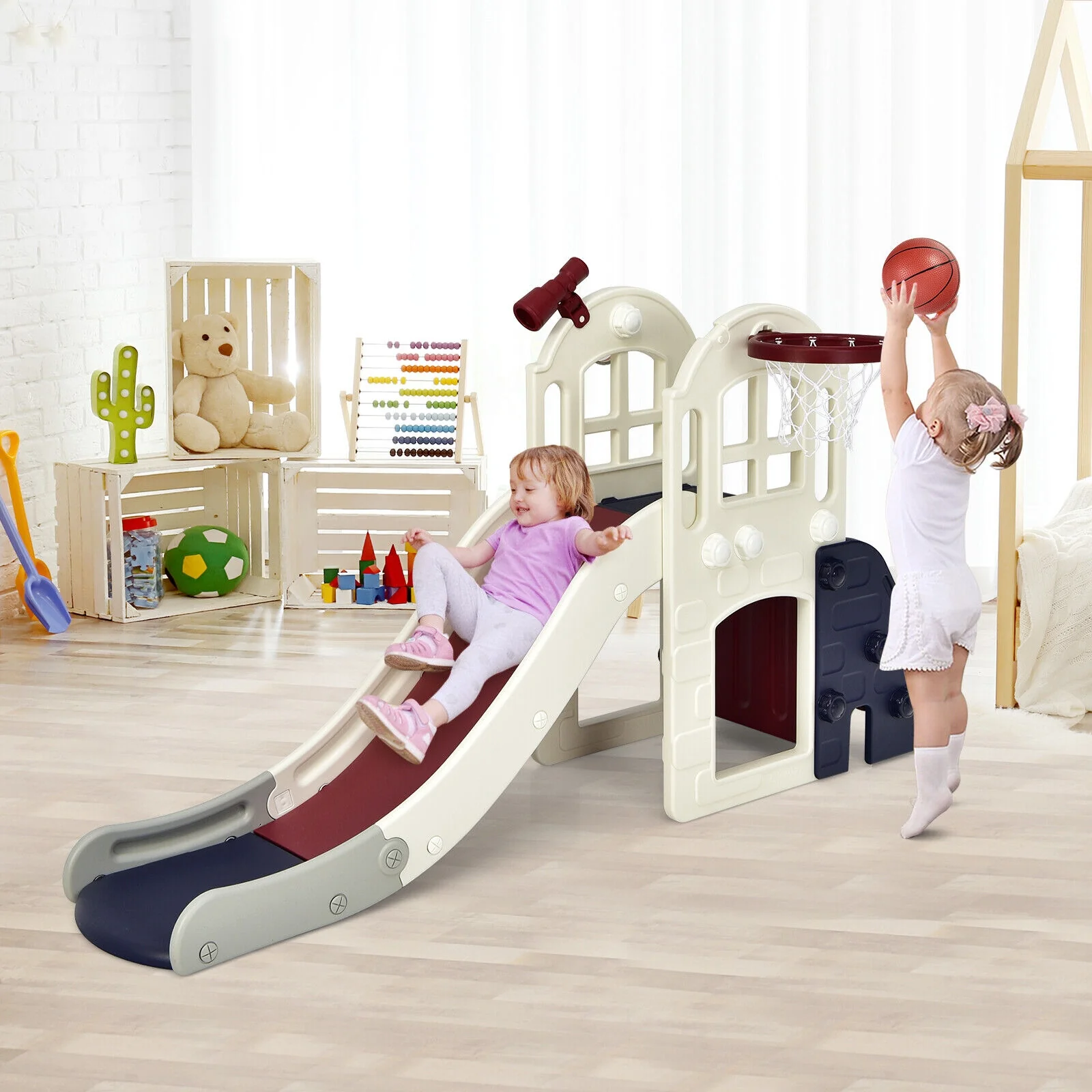 6-In-1 Large Slide For Kids, Climber Slide Playset With Basketball Hoop, Blue - Image 3
