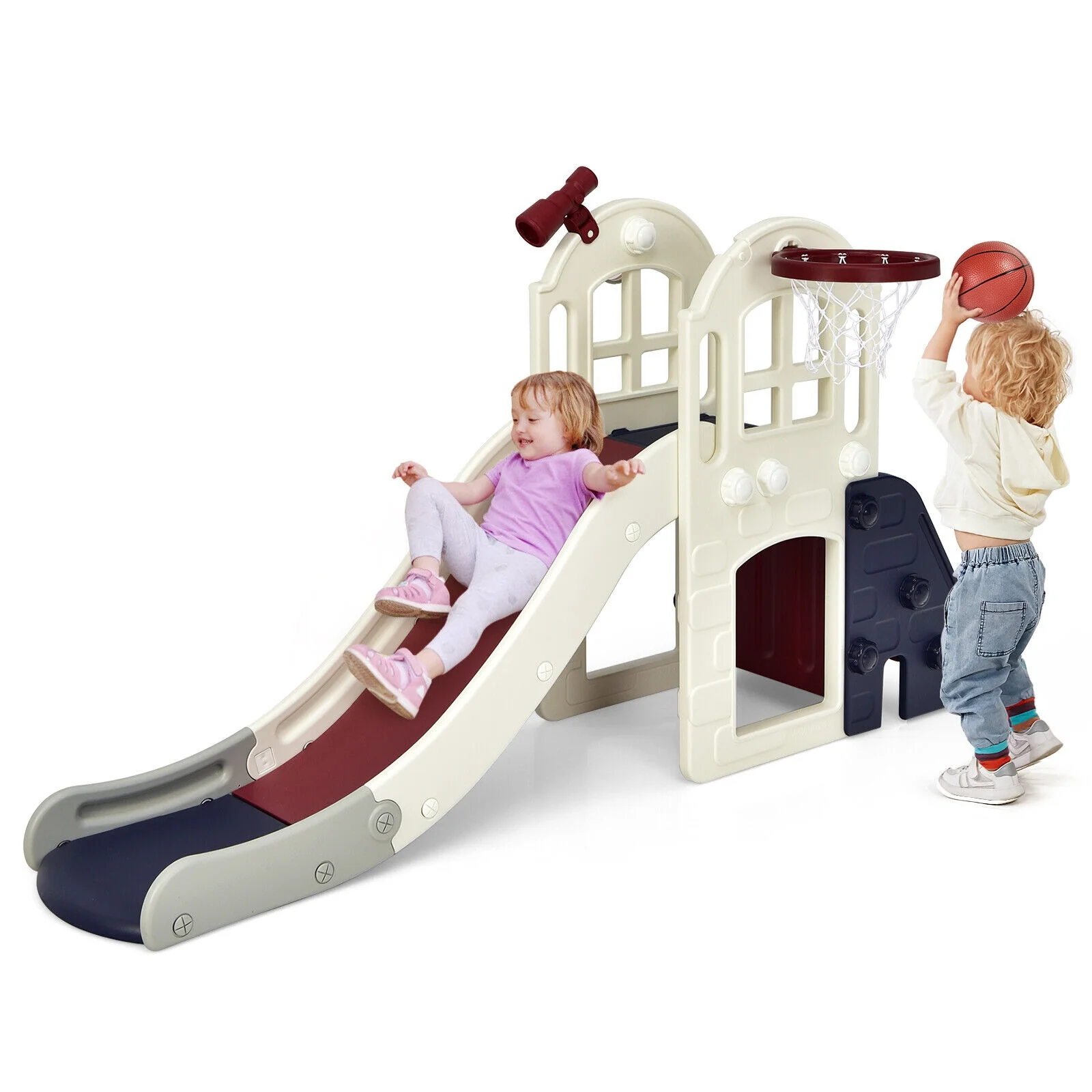 6-In-1 Large Slide For Kids, Climber Slide Playset With Basketball Hoop, Blue - Image 5