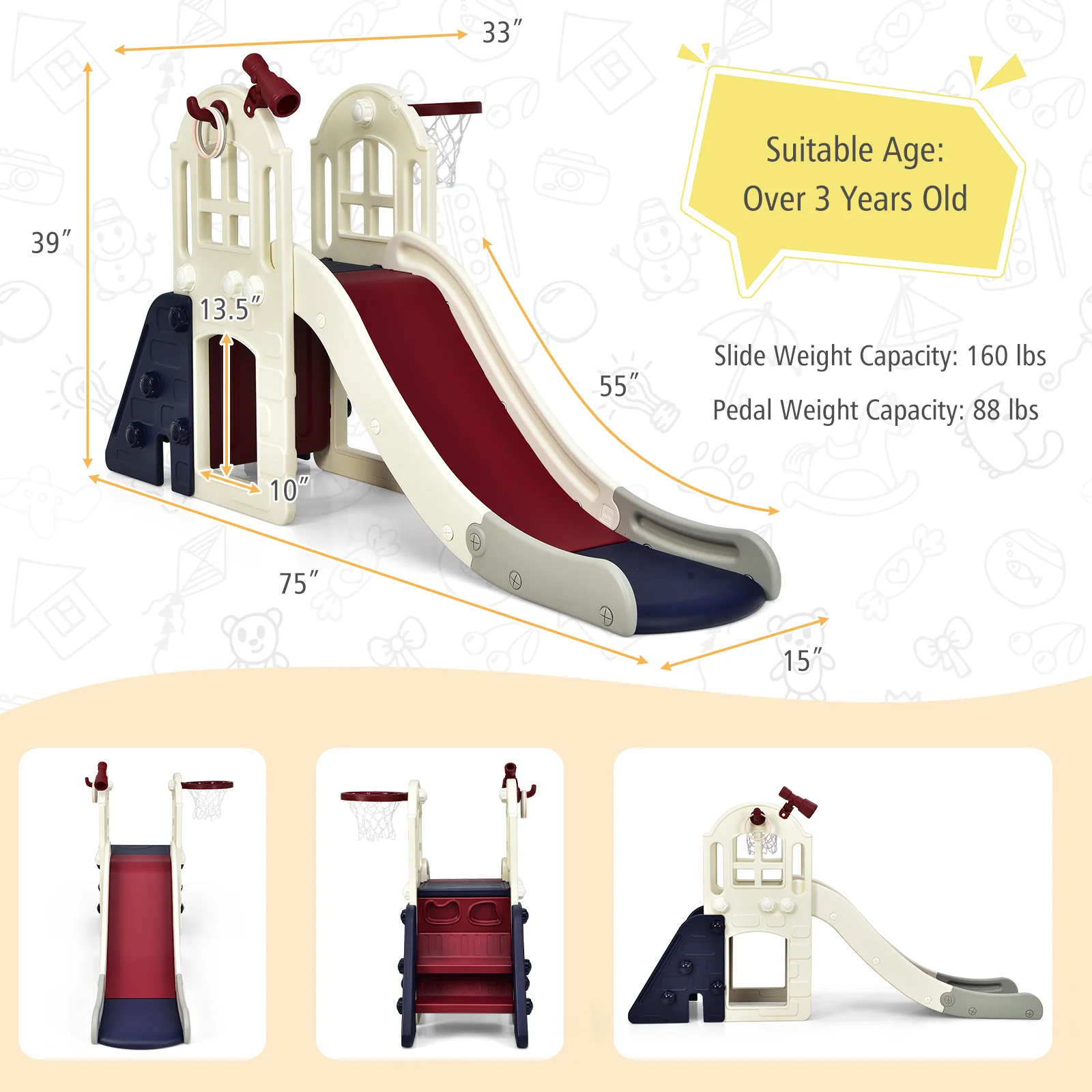 6-In-1 Large Slide For Kids, Climber Slide Playset With Basketball Hoop, Blue - Image 6