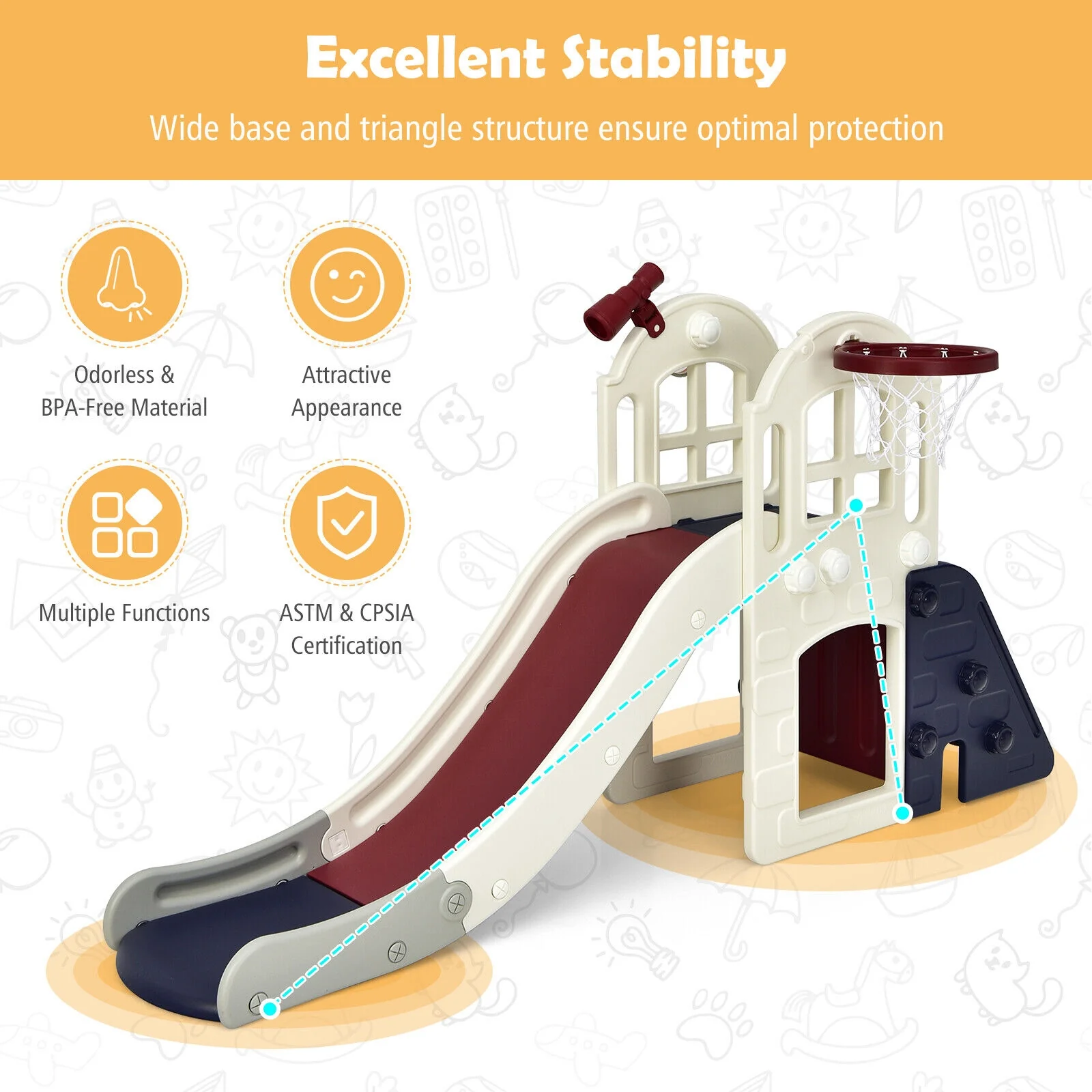 6-In-1 Large Slide For Kids, Climber Slide Playset With Basketball Hoop, Blue - Image 8