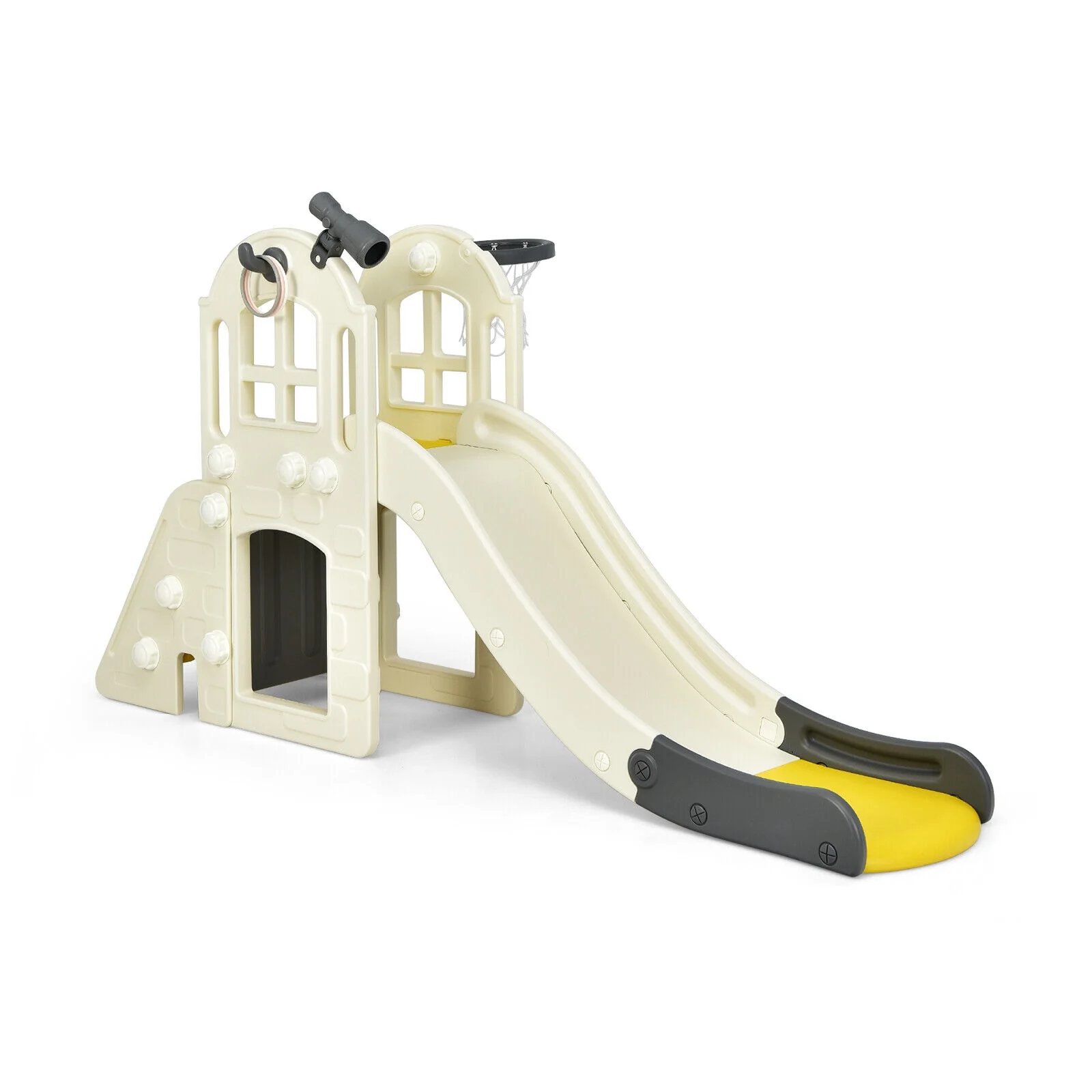 6-In-1 Large Slide, Kids Climber Playset With Basketball Hoop, Yellow