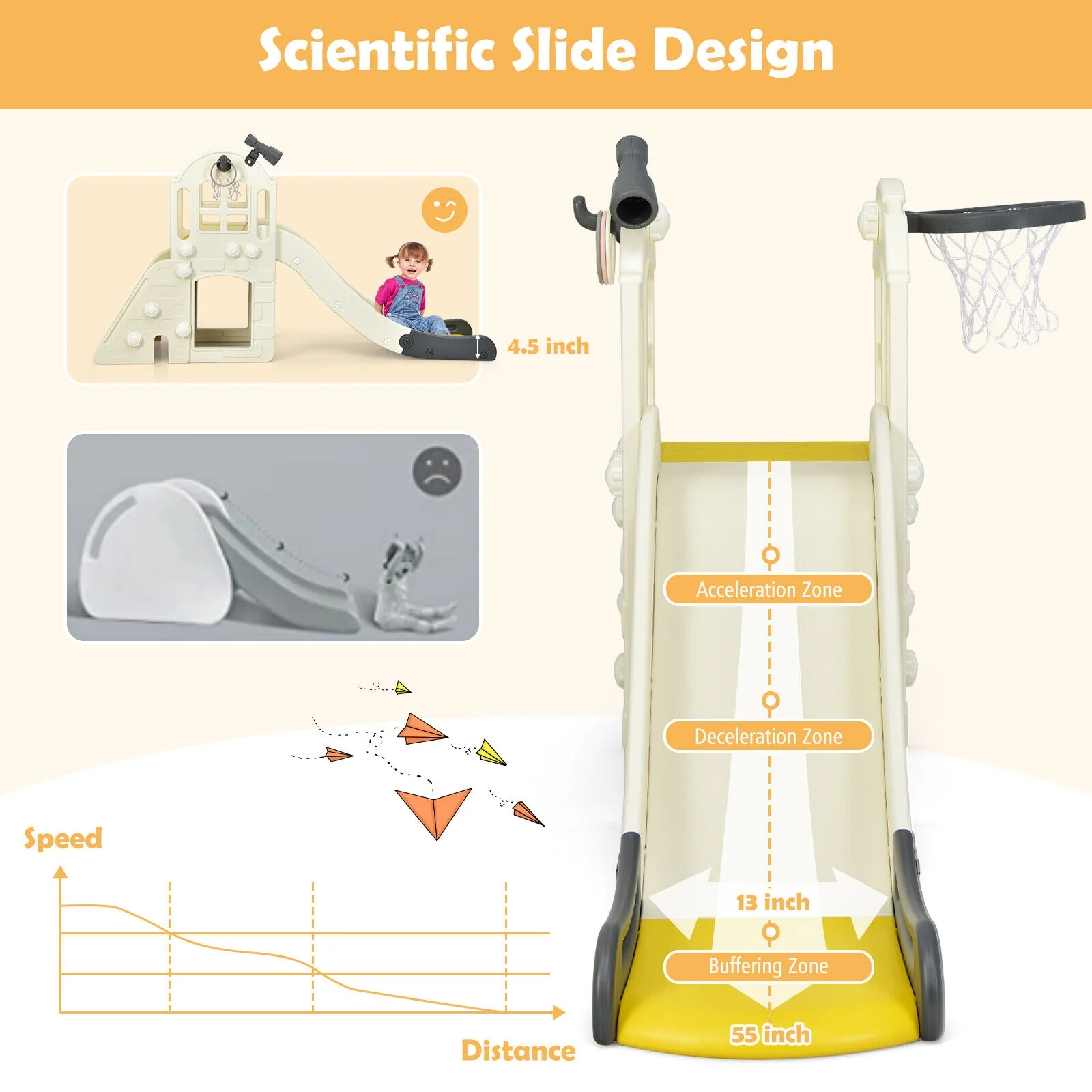 6-In-1 Large Slide, Kids Climber Playset With Basketball Hoop, Yellow - Image 10