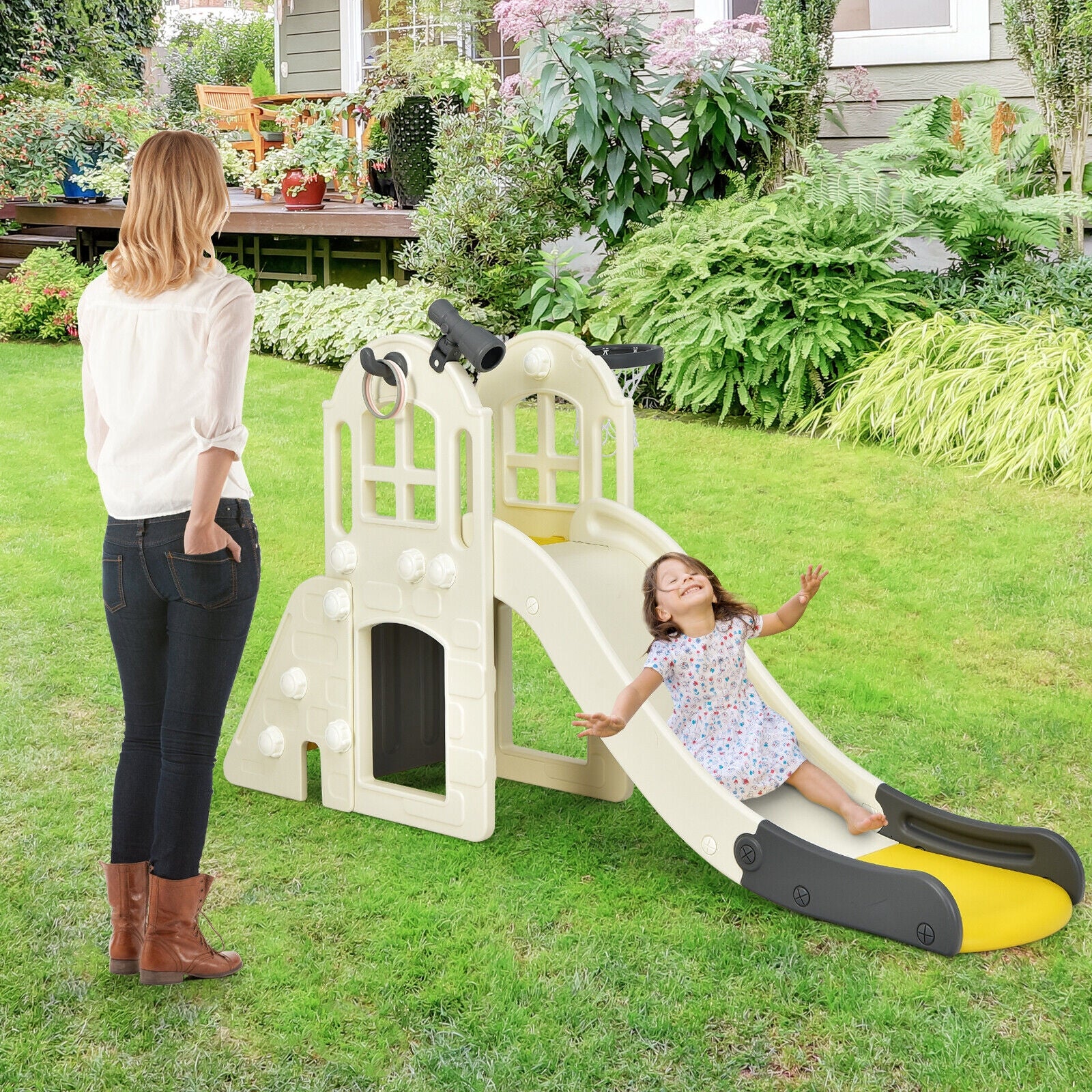 6-In-1 Large Slide, Kids Climber Playset With Basketball Hoop, Yellow - Image 2