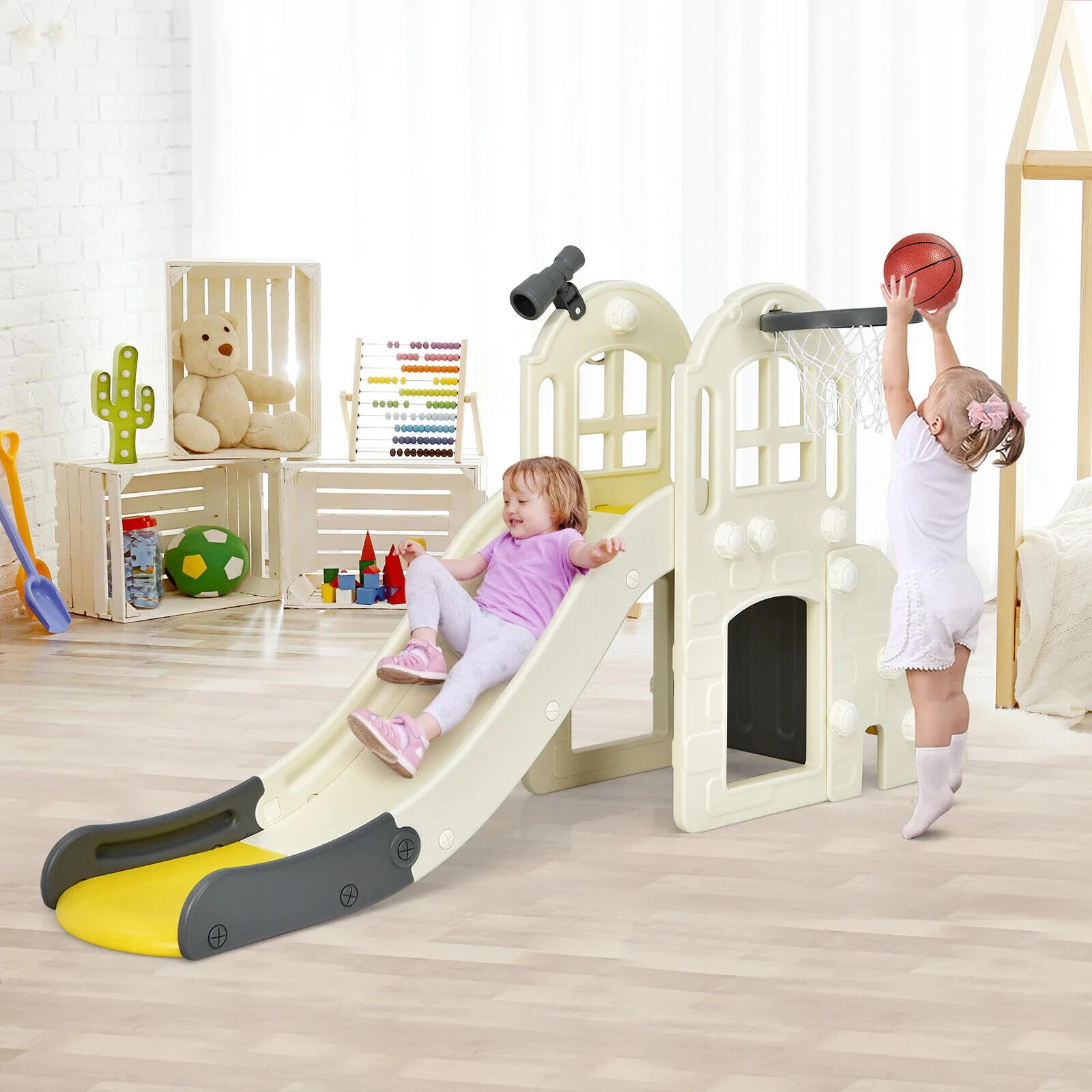 6-In-1 Large Slide, Kids Climber Playset With Basketball Hoop, Yellow - Image 3