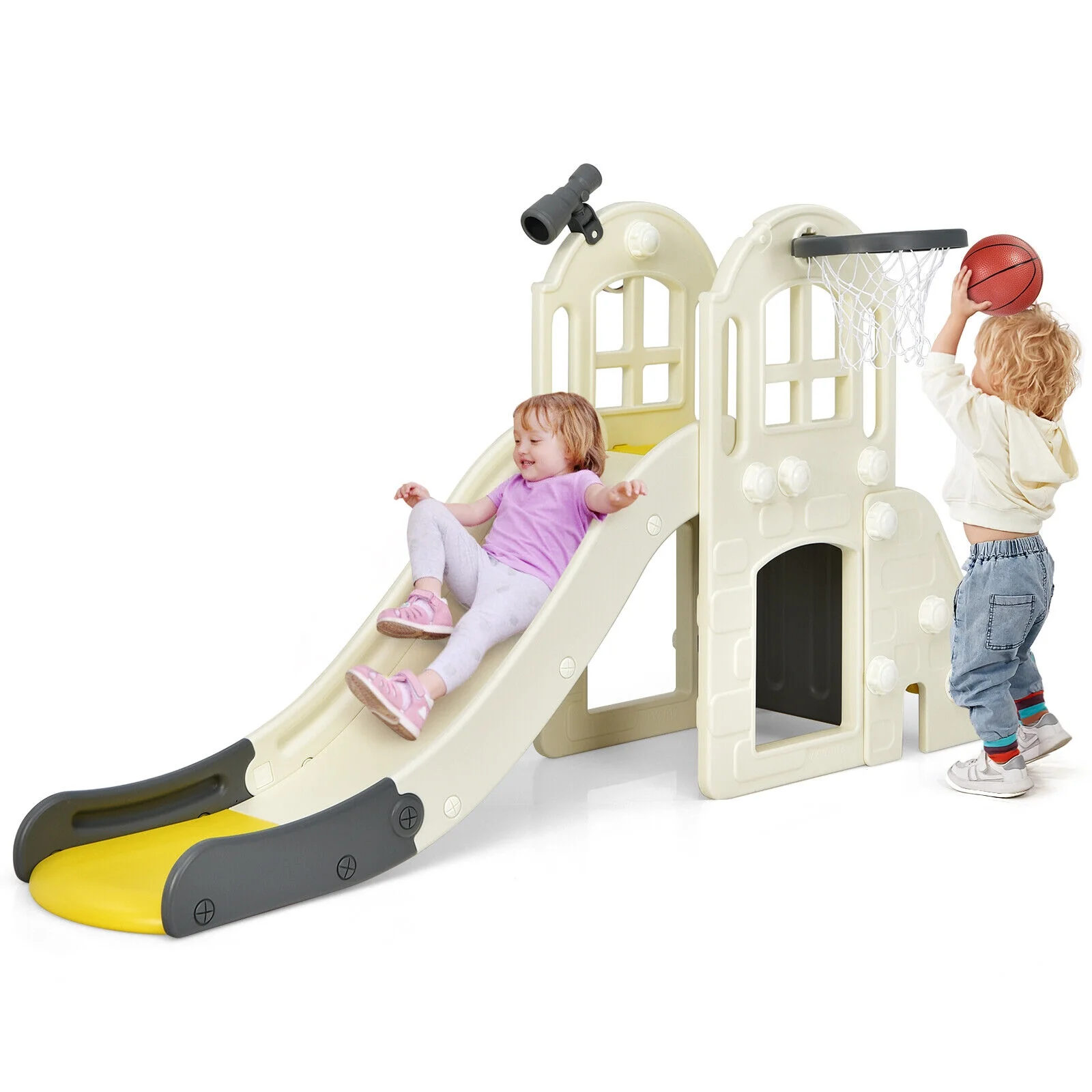6-In-1 Large Slide, Kids Climber Playset With Basketball Hoop, Yellow - Image 5