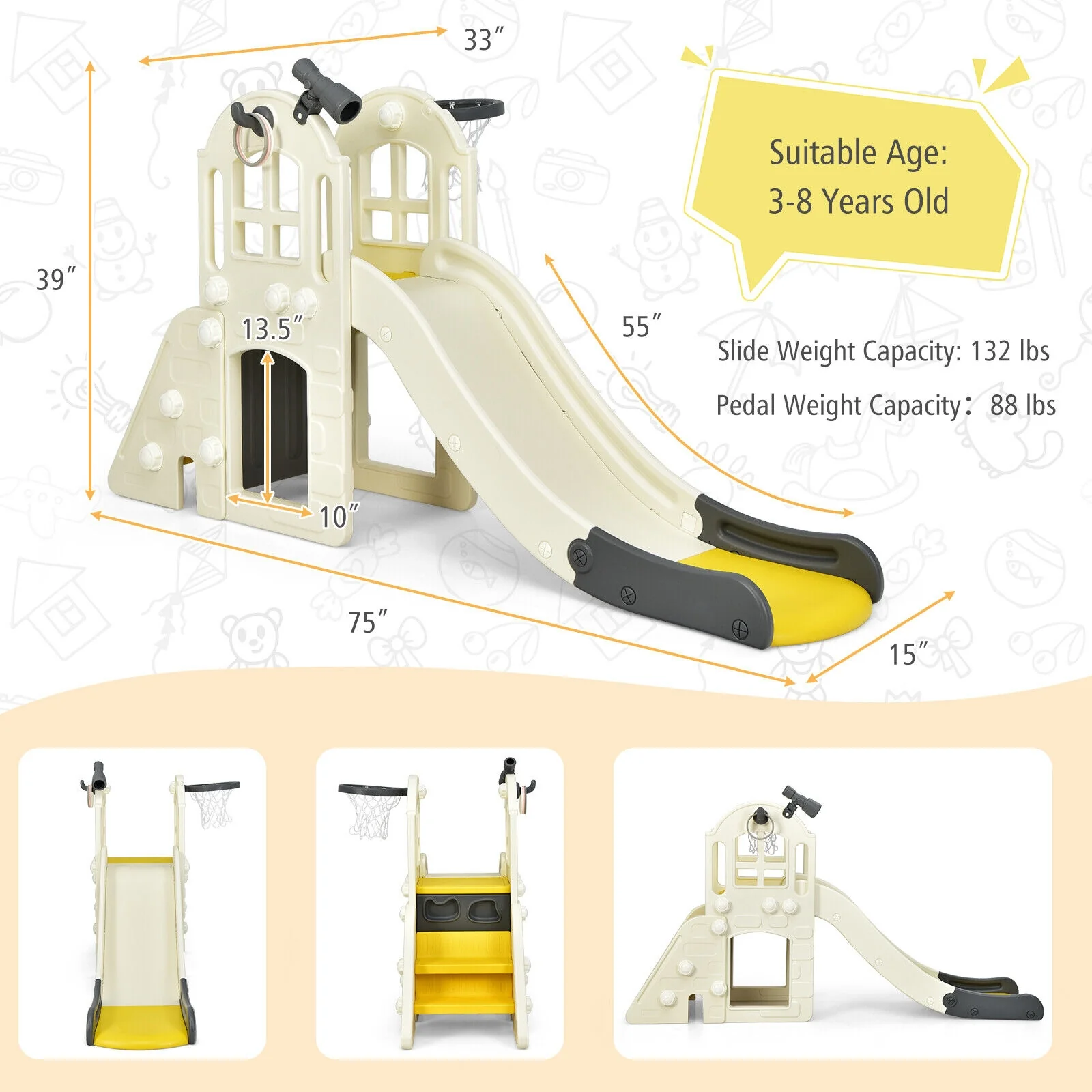 6-In-1 Large Slide, Kids Climber Playset With Basketball Hoop, Yellow - Image 6