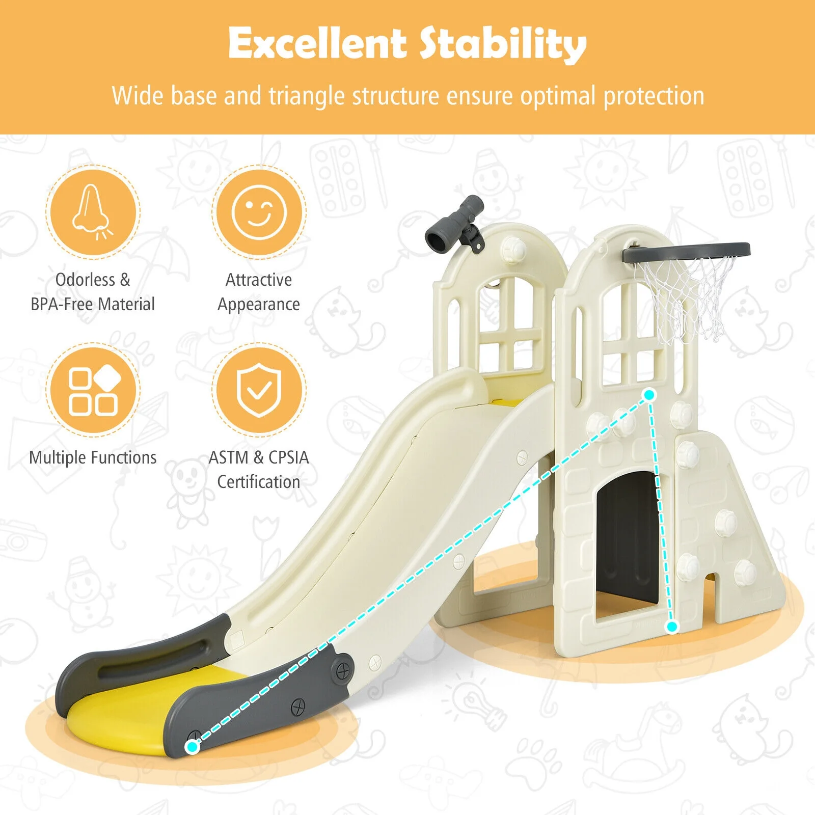 6-In-1 Large Slide, Kids Climber Playset With Basketball Hoop, Yellow - Image 8