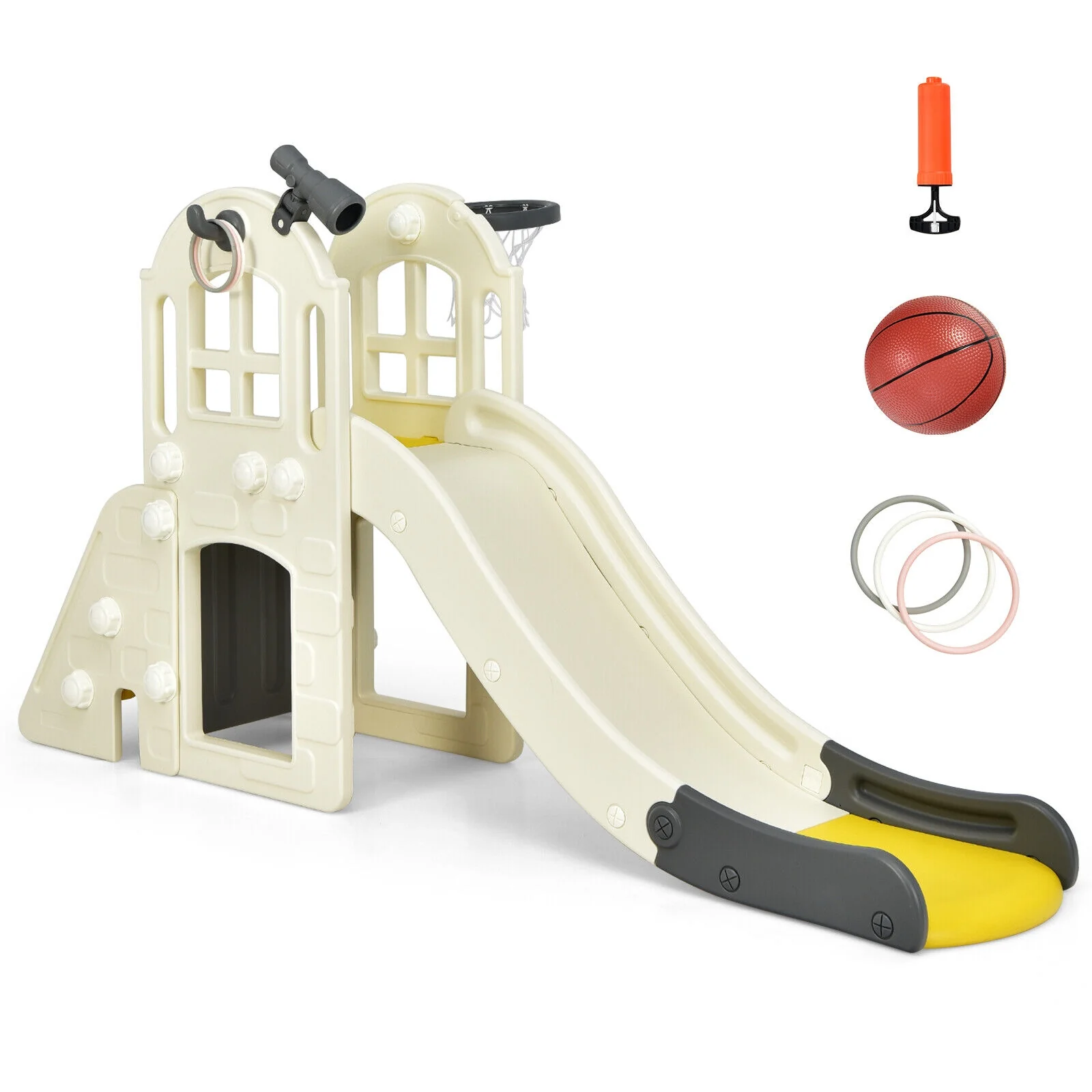 6-In-1 Large Slide, Kids Climber Playset With Basketball Hoop, Yellow - Image 9