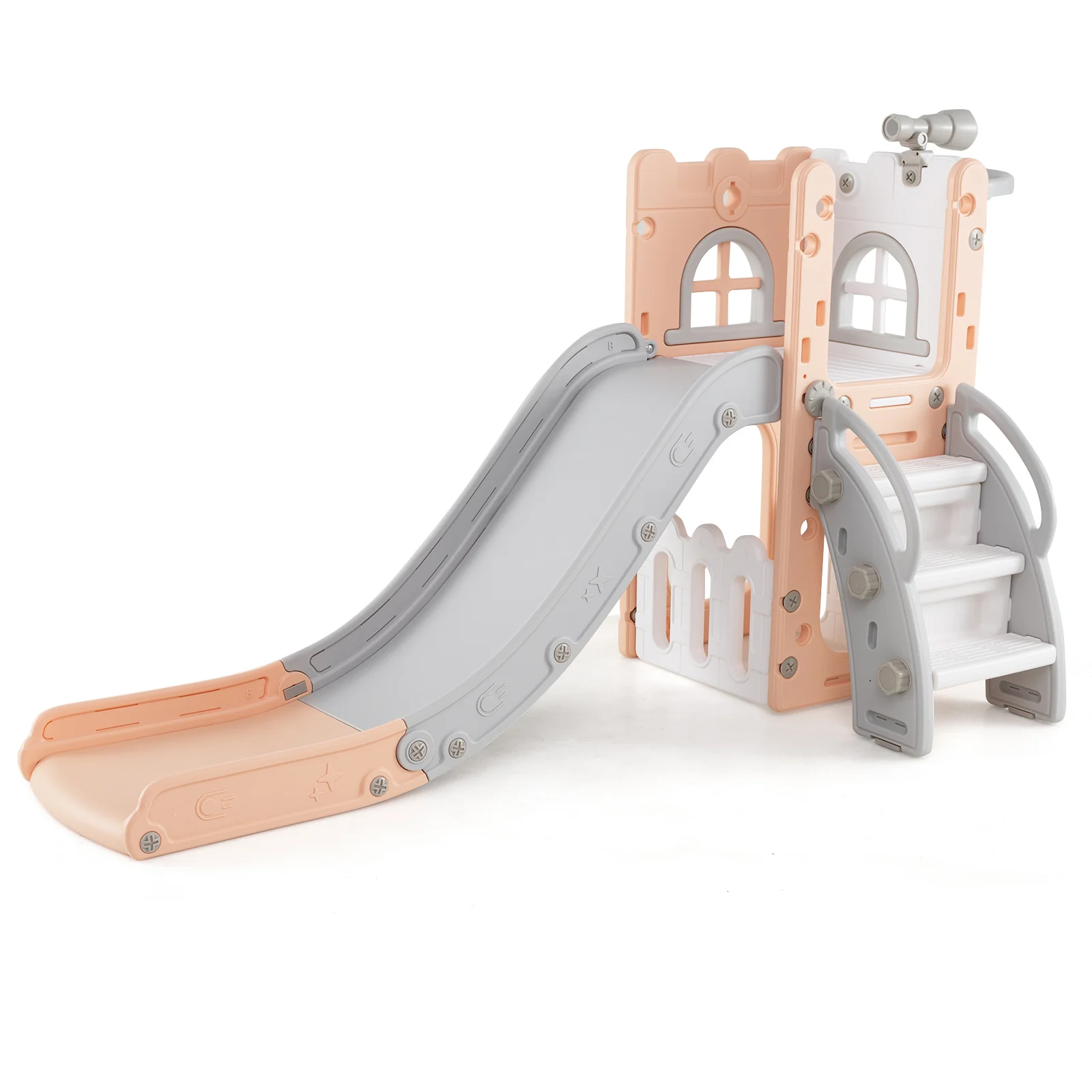 6-in-1 Toddler Slide, L-Shaped Playground, Basketball Hoop, Pink