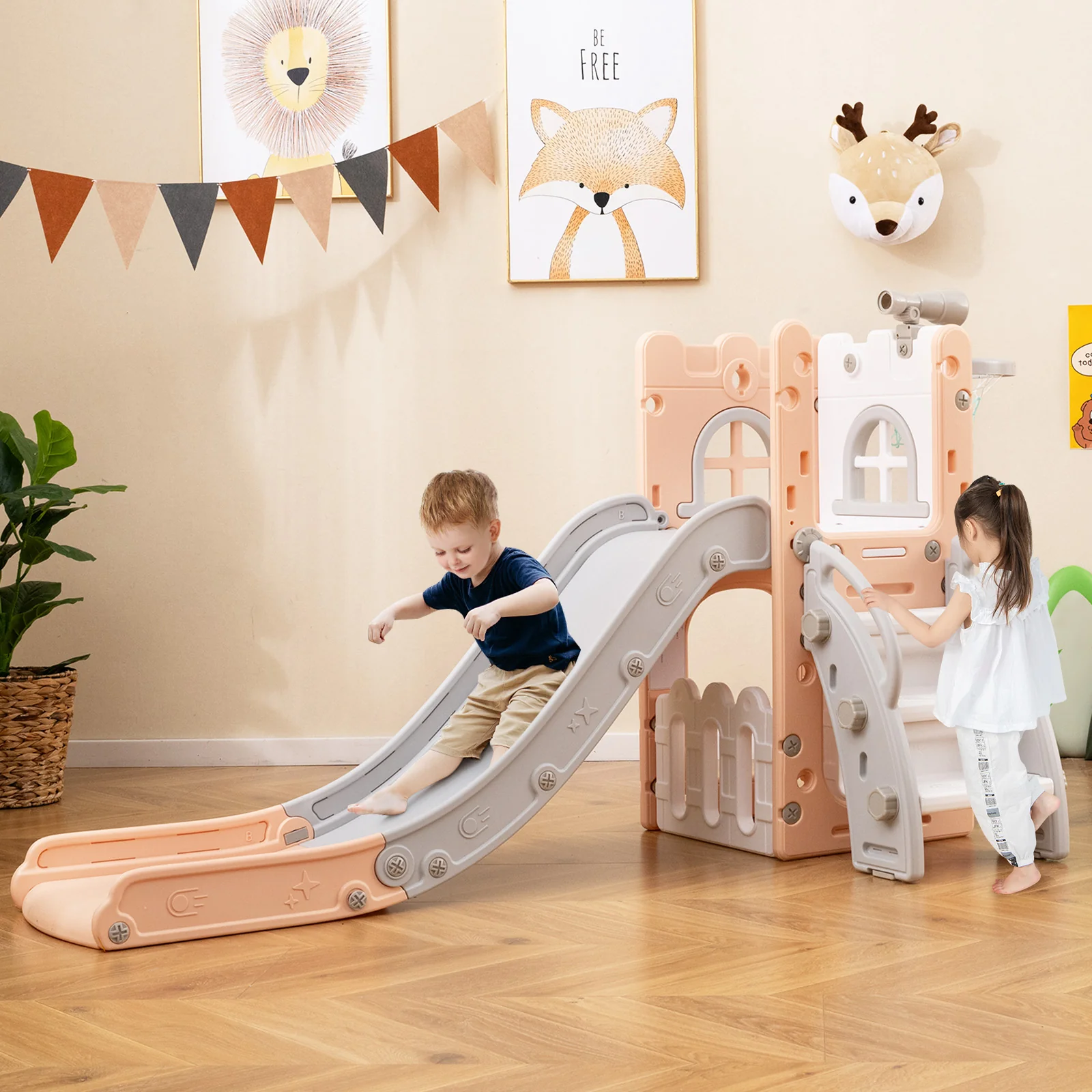 6-in-1 Toddler Slide, L-Shaped Playground, Basketball Hoop, Pink - Image 2