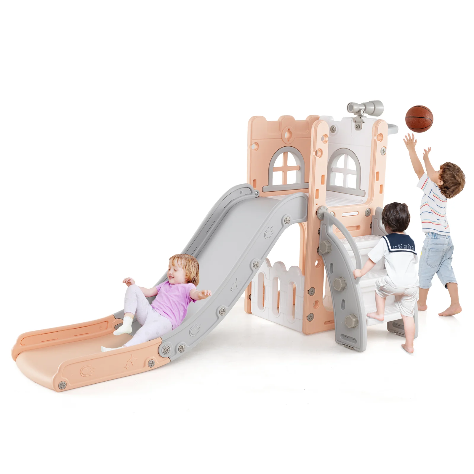 6-in-1 Toddler Slide, L-Shaped Playground, Basketball Hoop, Pink - Image 4