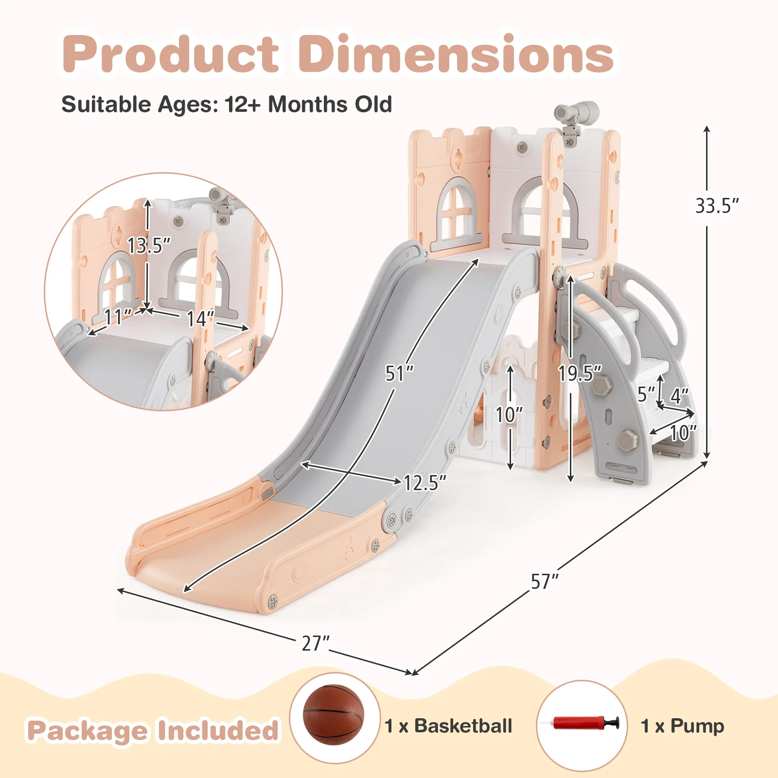 6-in-1 Toddler Slide, L-Shaped Playground, Basketball Hoop, Pink - Image 5