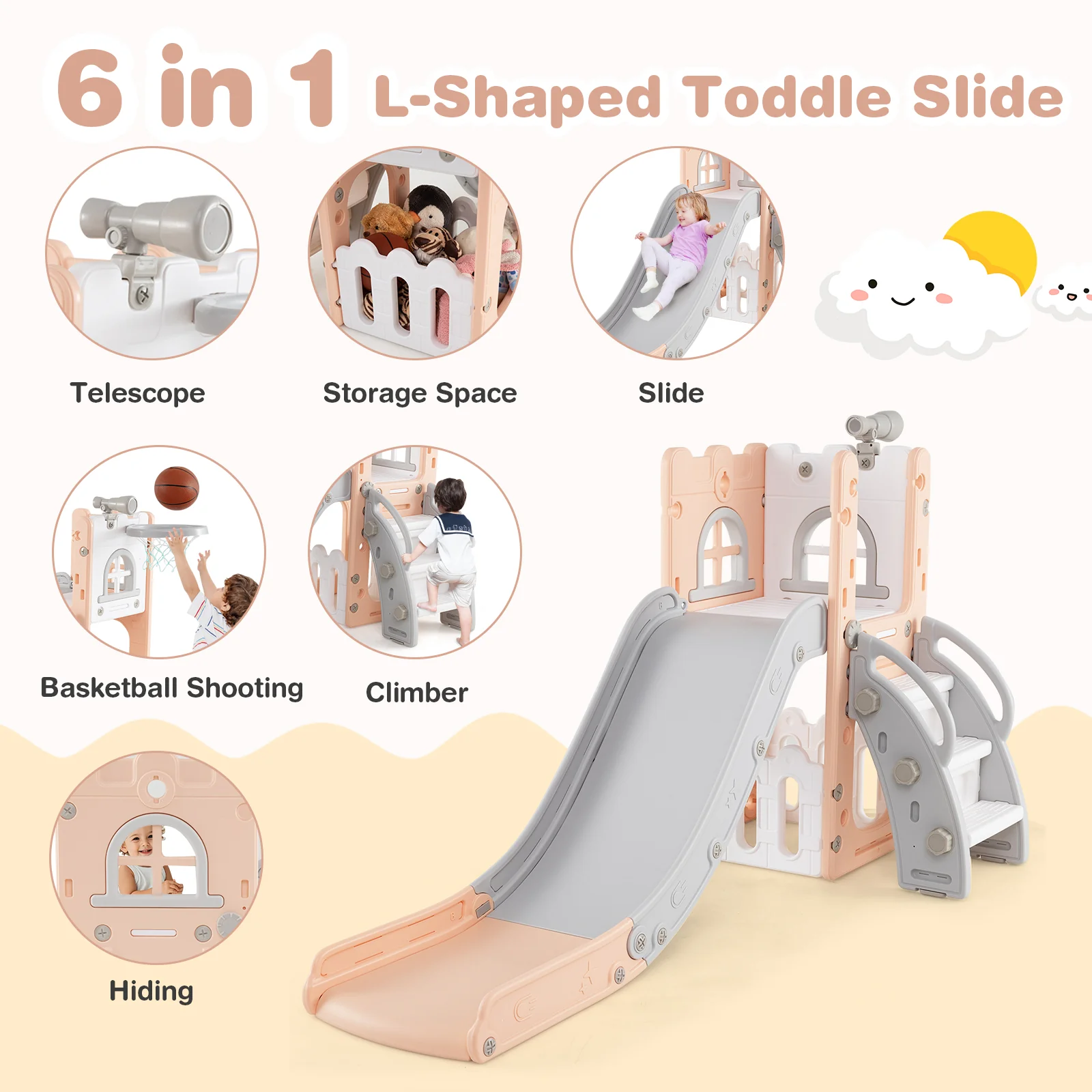 6-in-1 Toddler Slide, L-Shaped Playground, Basketball Hoop, Pink - Image 7