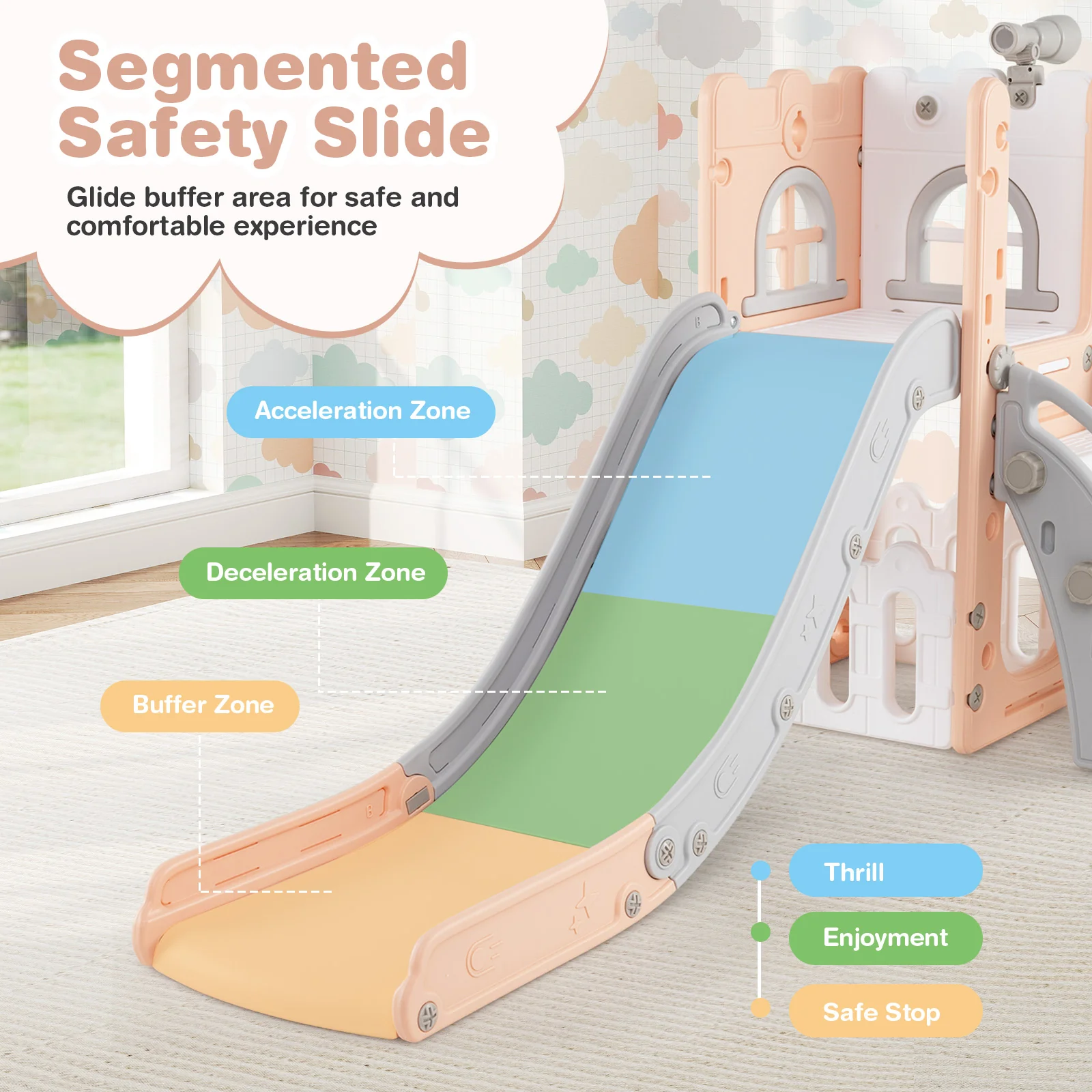 6-in-1 Toddler Slide, L-Shaped Playground, Basketball Hoop, Pink - Image 8