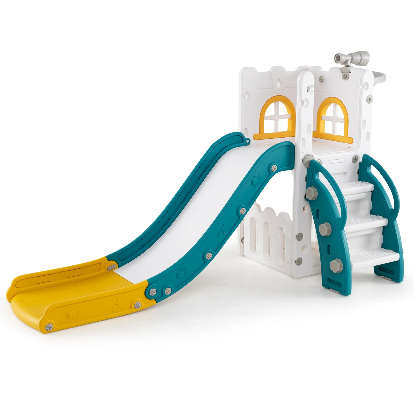 6-in-1 Toddler Slide, L-Shaped Playground, Basketball Hoop, Yellow