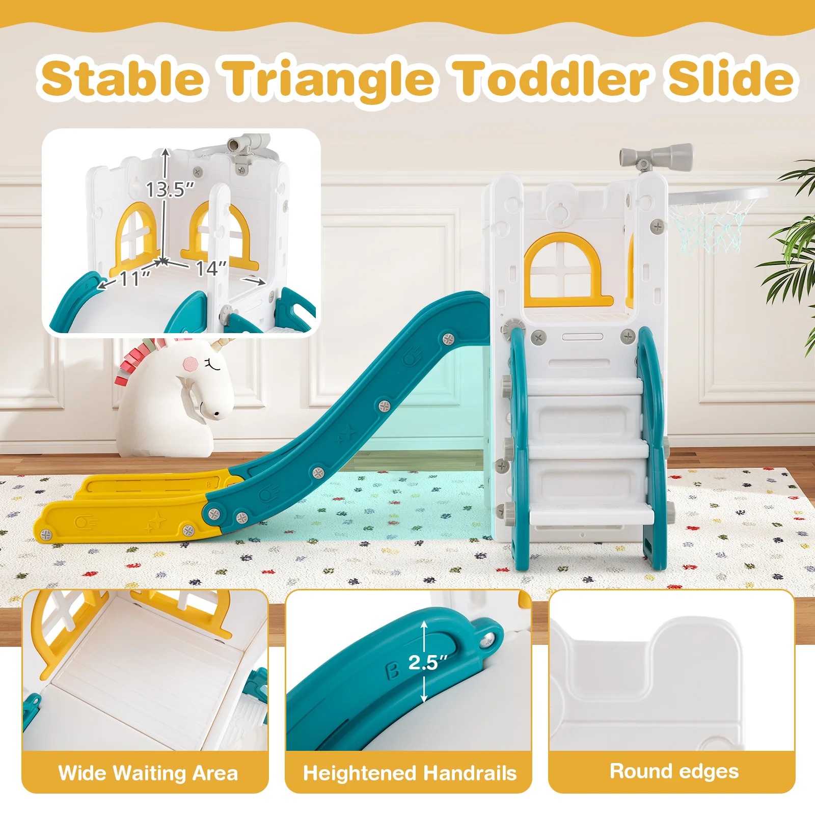 6-in-1 Toddler Slide, L-Shaped Playground, Basketball Hoop, Yellow - Image 10