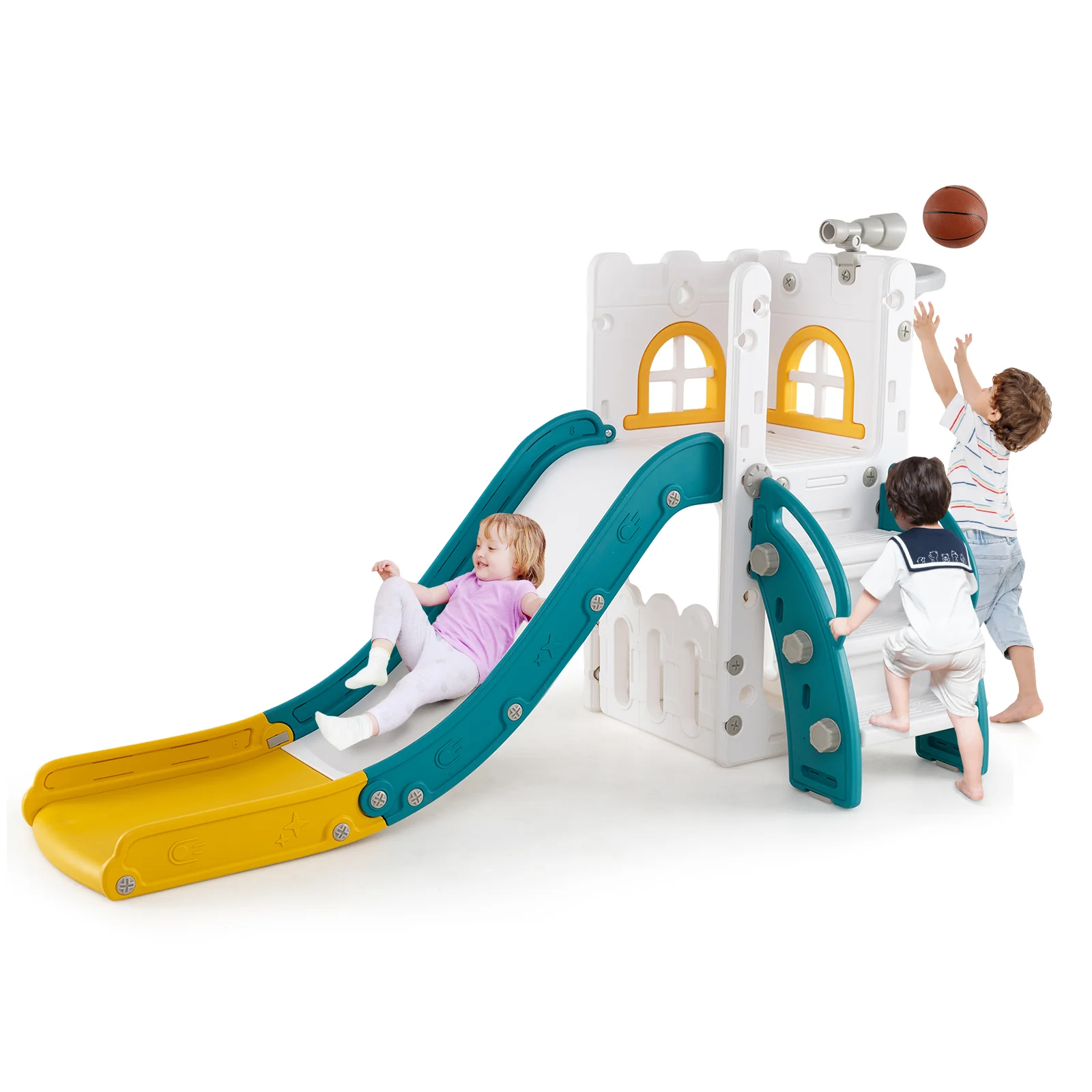 6-in-1 Toddler Slide, L-Shaped Playground, Basketball Hoop, Yellow - Image 4