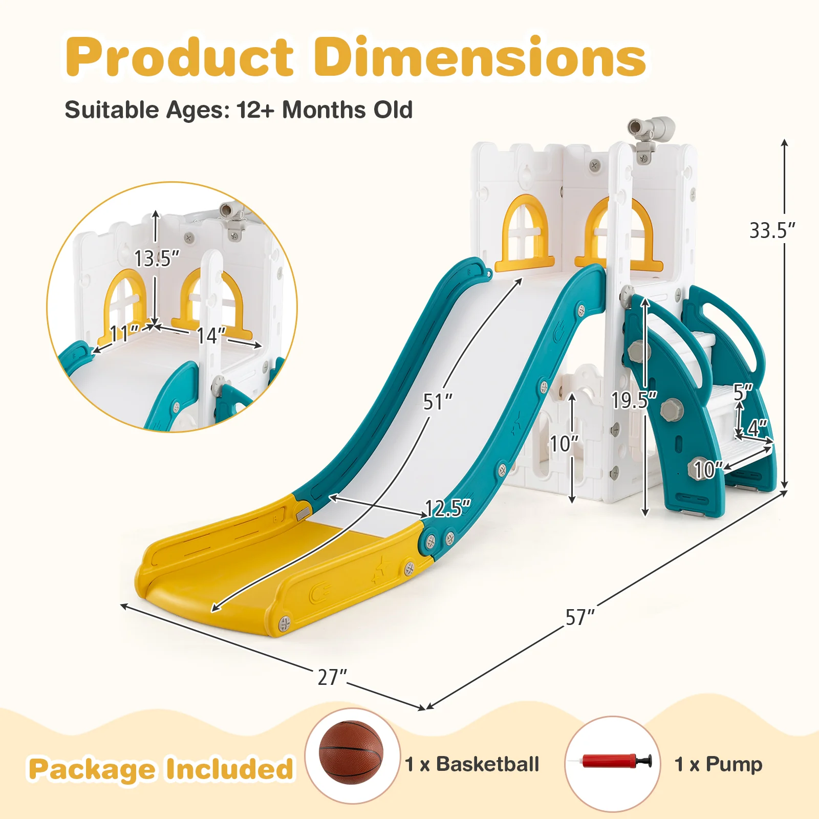 6-in-1 Toddler Slide, L-Shaped Playground, Basketball Hoop, Yellow - Image 5