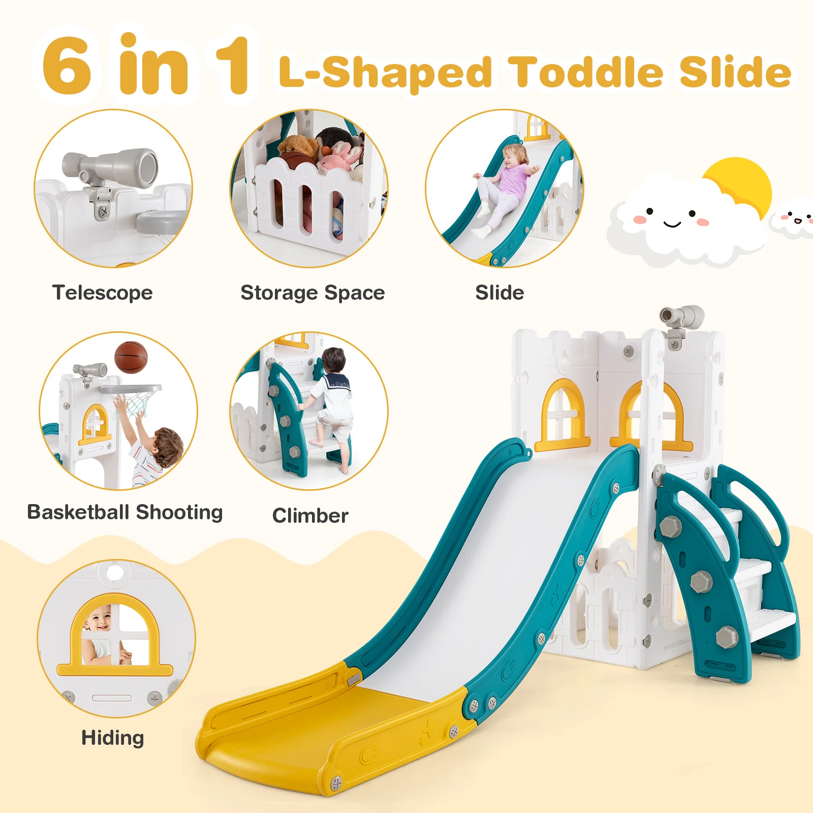 6-in-1 Toddler Slide, L-Shaped Playground, Basketball Hoop, Yellow - Image 7
