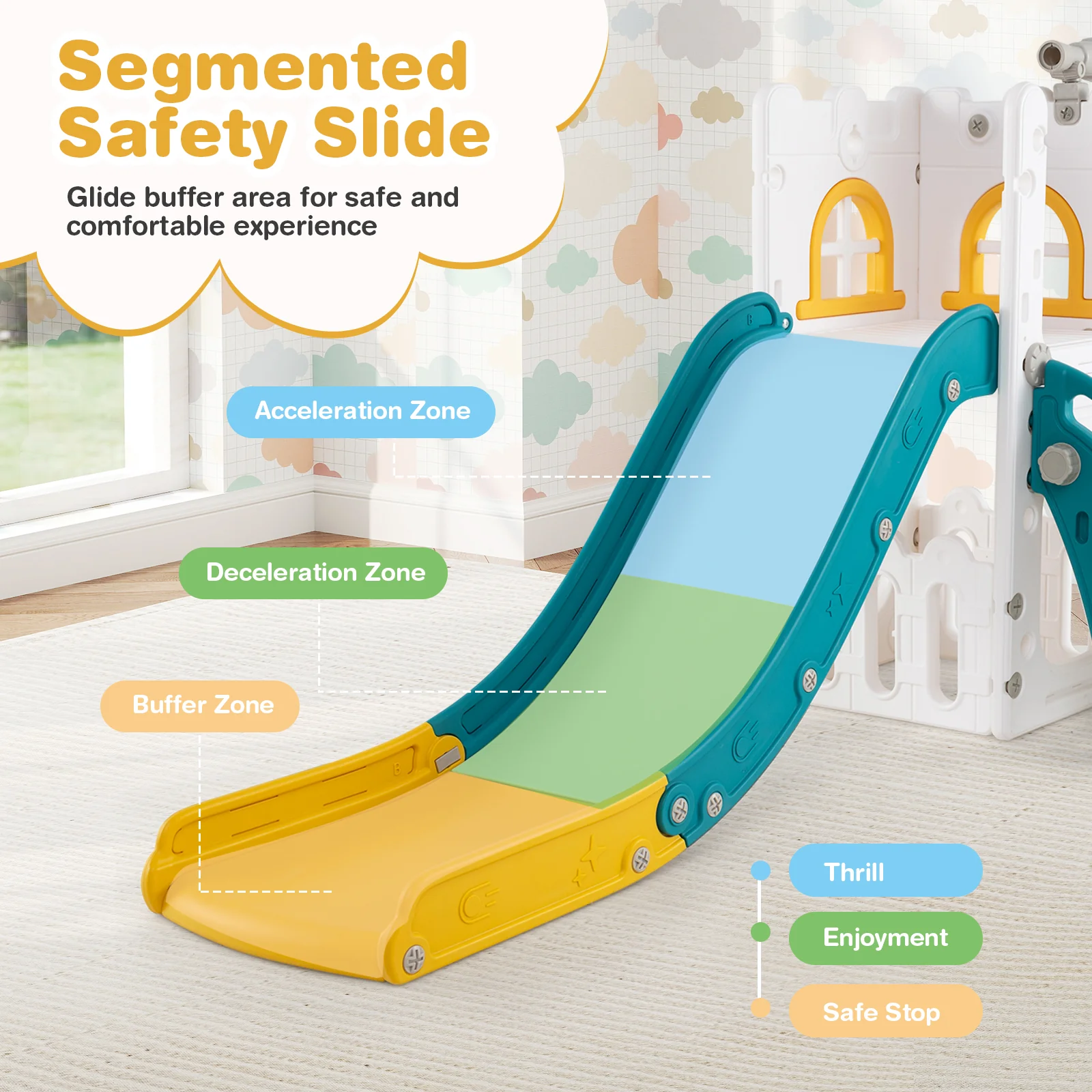 6-in-1 Toddler Slide, L-Shaped Playground, Basketball Hoop, Yellow - Image 8