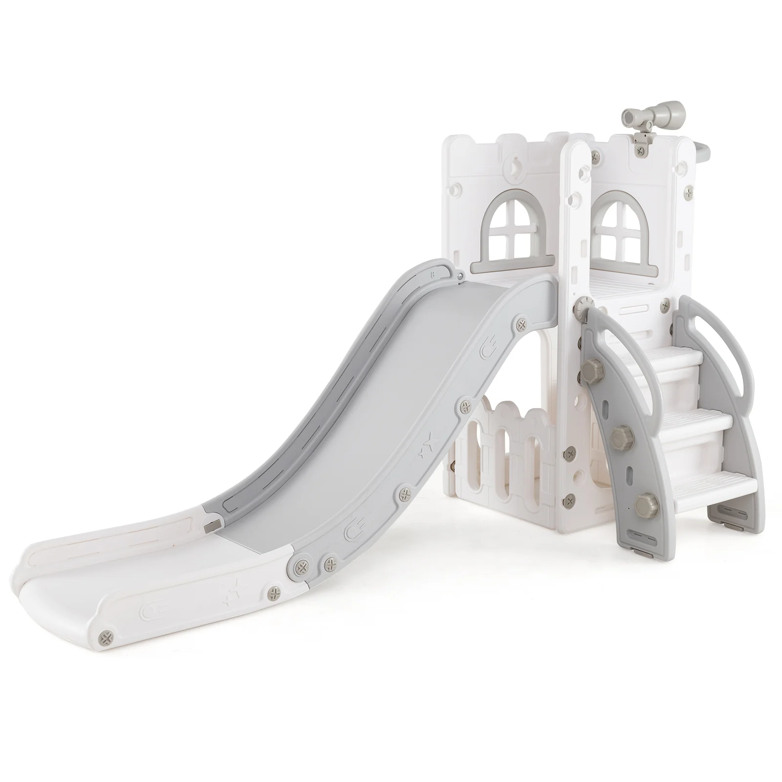 6-in-1 Toddler Slide Playground With Basketball Hoop, Ladder, Gray