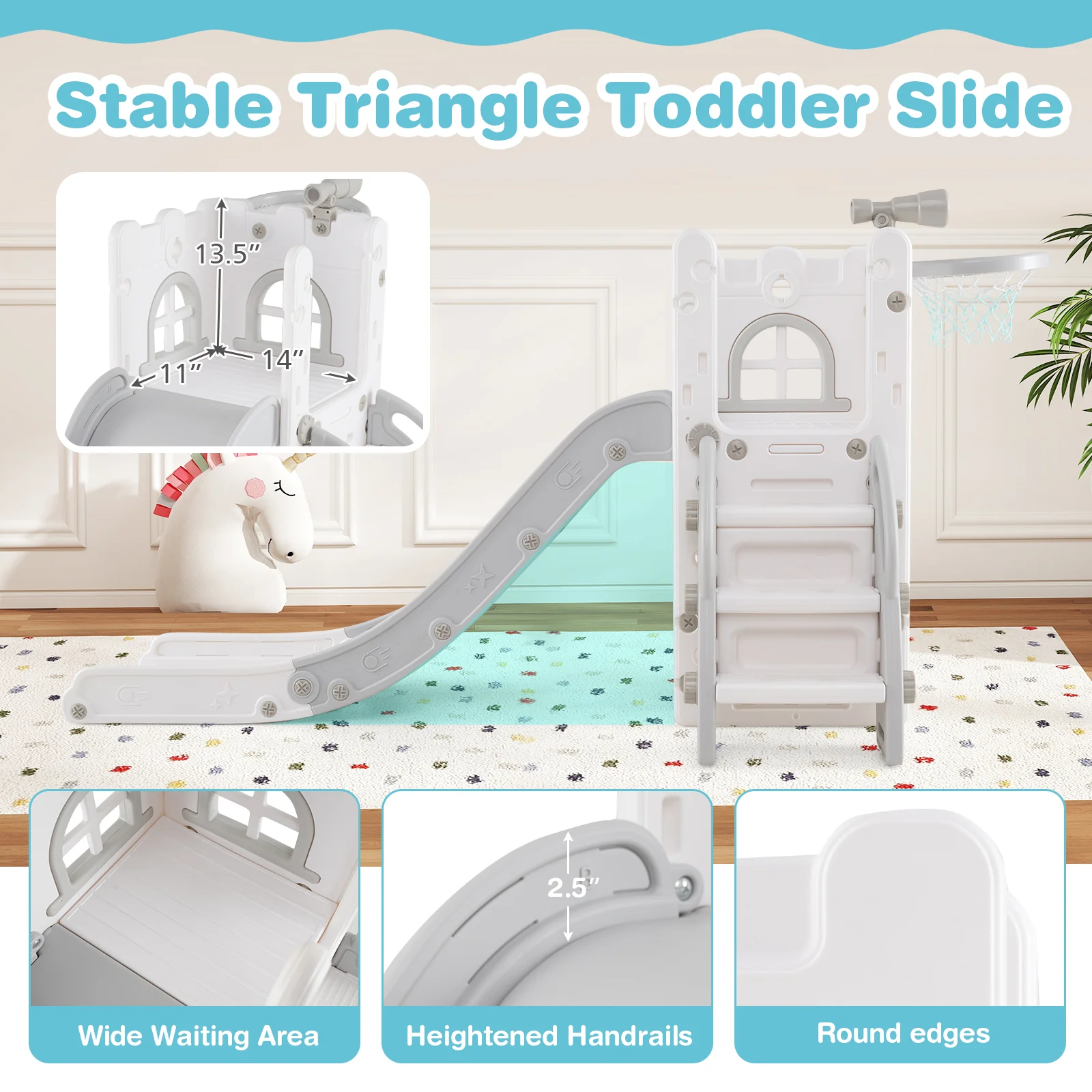 6-in-1 Toddler Slide Playground With Basketball Hoop, Ladder, Gray - Image 10