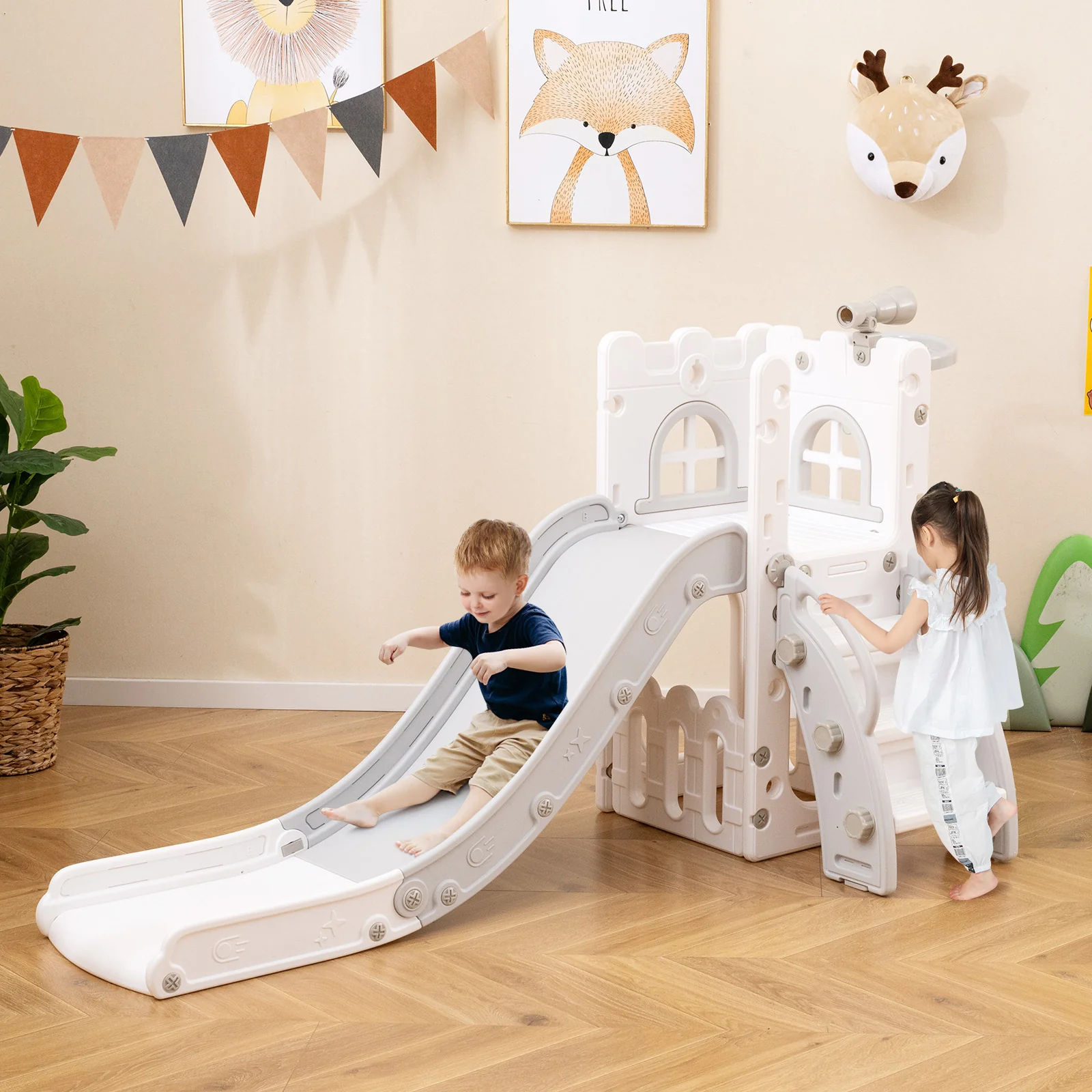 6-in-1 Toddler Slide Playground With Basketball Hoop, Ladder, Gray - Image 2