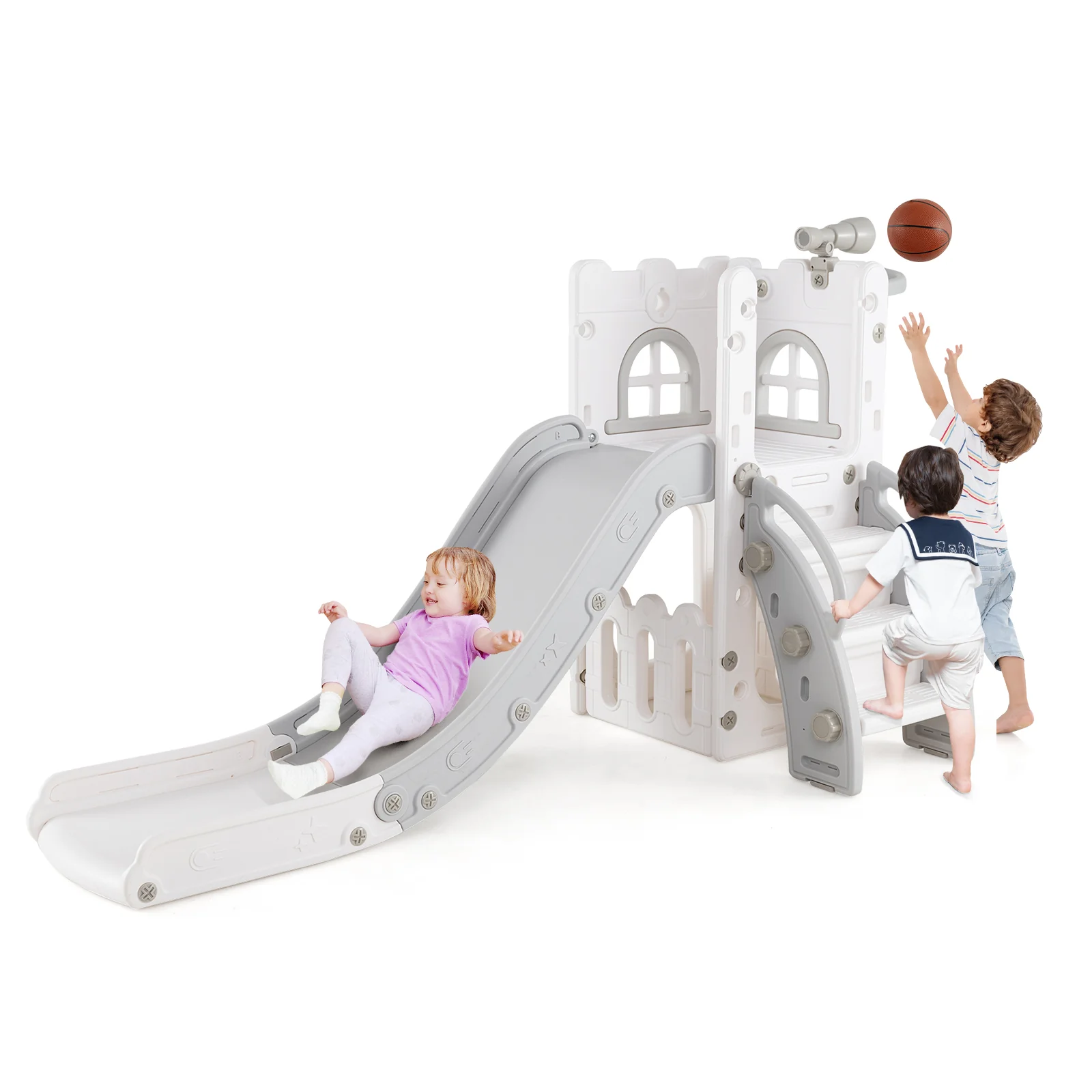 6-in-1 Toddler Slide Playground With Basketball Hoop, Ladder, Gray - Image 5