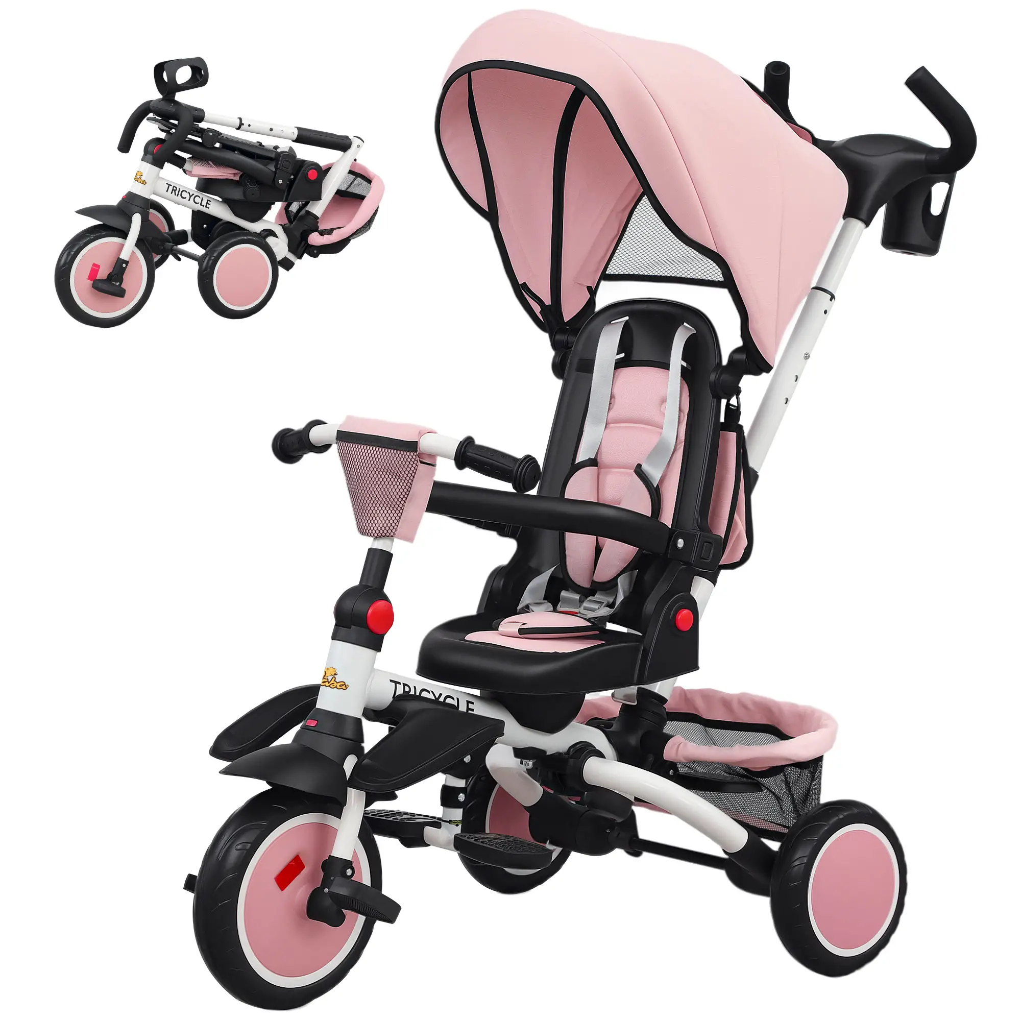6 in 1 Toddler Tricycle, Push Handle, Removable Canopy, Rotatable Seat, Pink