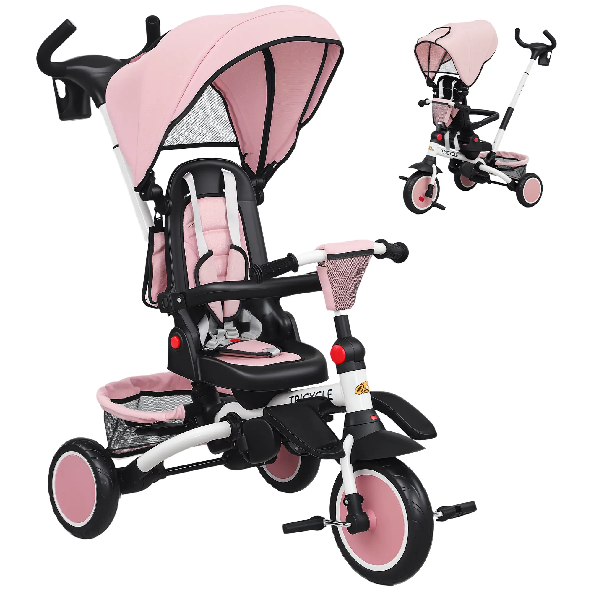 6 in 1 Toddler Tricycle, Push Handle, Removable Canopy, Rotatable Seat, Pink - Image 11