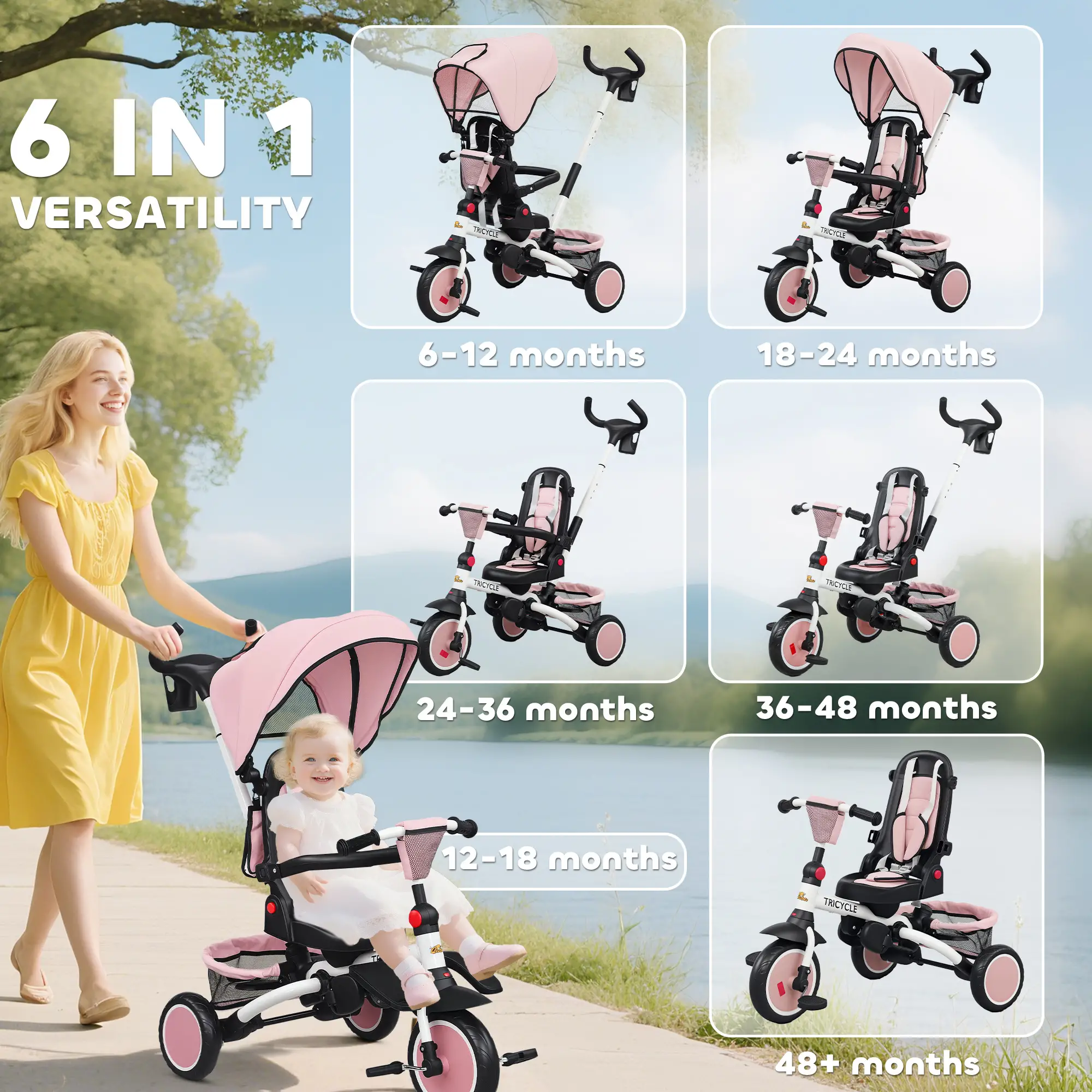 6 in 1 Toddler Tricycle, Push Handle, Removable Canopy, Rotatable Seat, Pink - Image 4