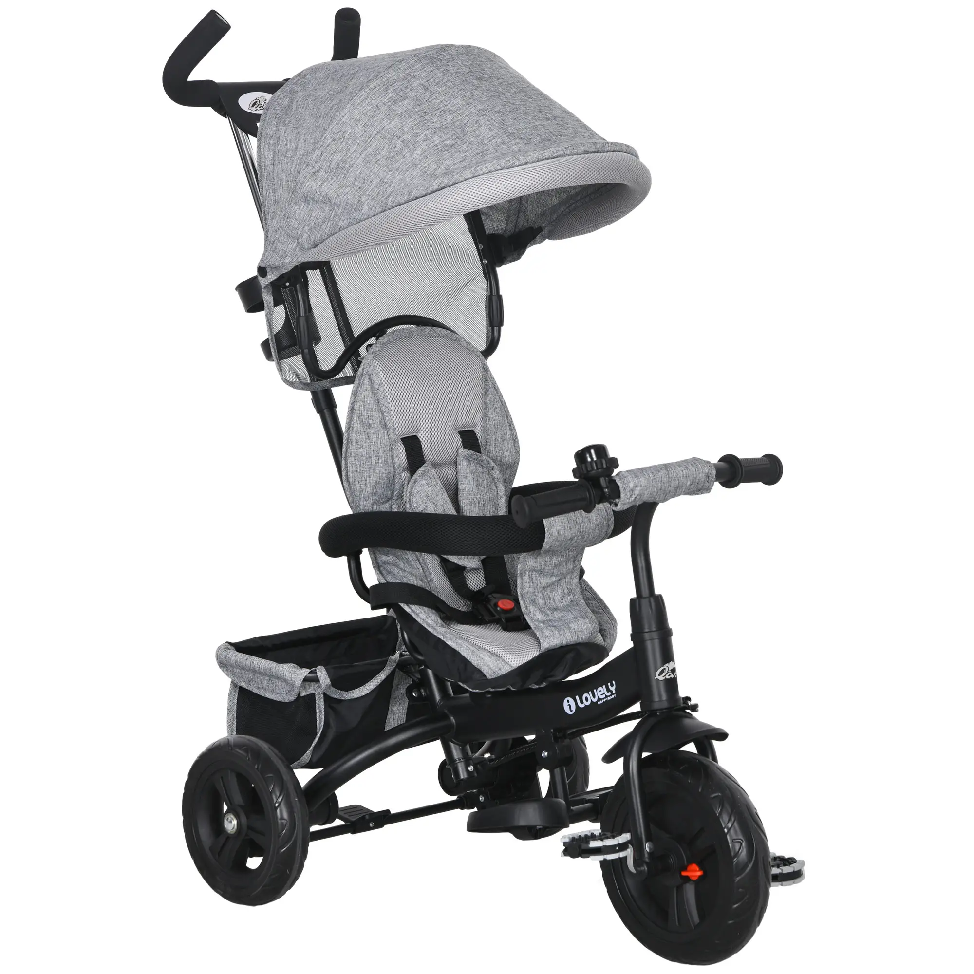 6 in 1 Toddler Tricycle Stroller, Basket, Canopy, 5-Point Harness, 12-60 Months, Grey - Image 11