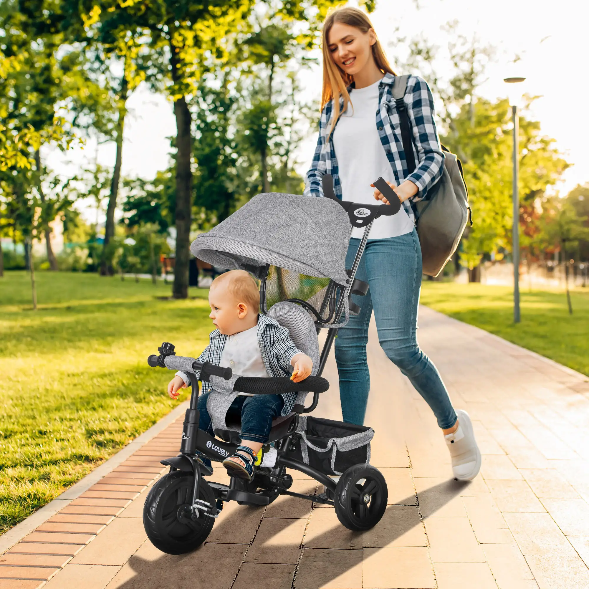 6 in 1 Toddler Tricycle Stroller, Basket, Canopy, 5-Point Harness, 12-60 Months, Grey - Image 2