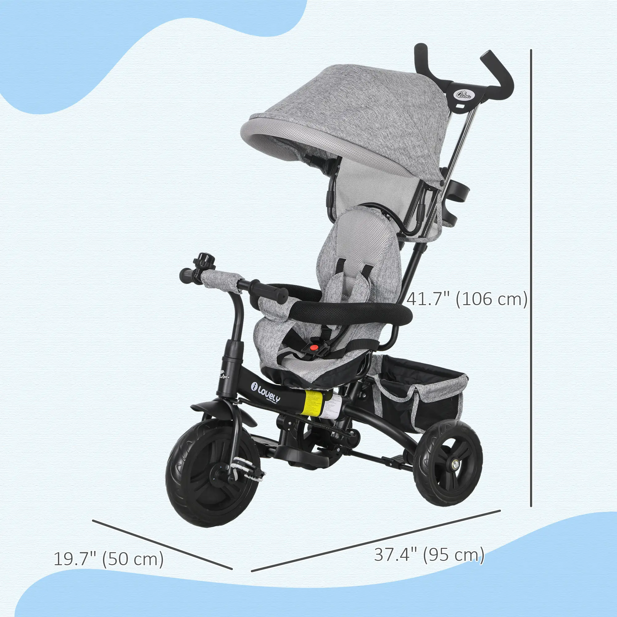 6 in 1 Toddler Tricycle Stroller, Basket, Canopy, 5-Point Harness, 12-60 Months, Grey - Image 3