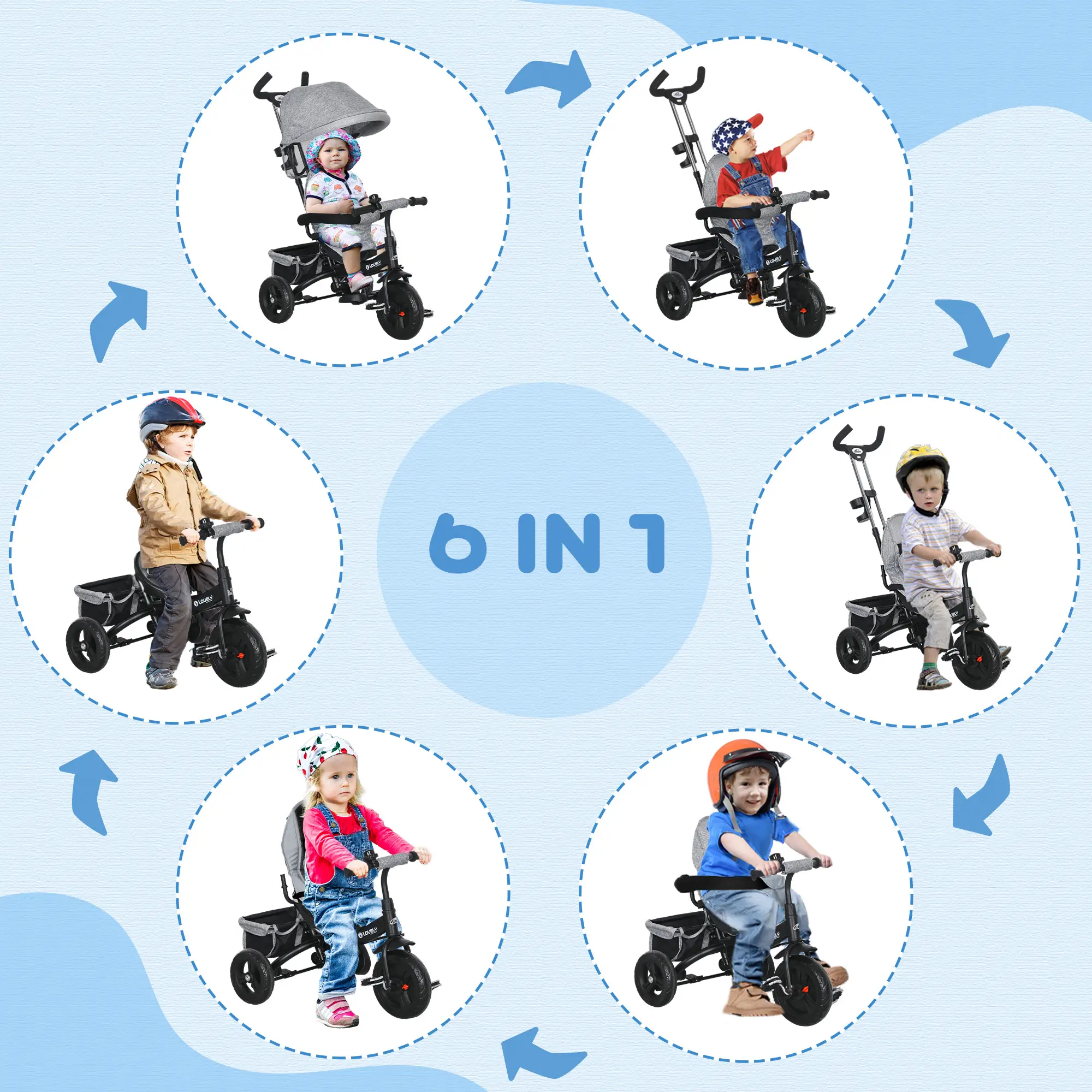 6 in 1 Toddler Tricycle Stroller, Basket, Canopy, 5-Point Harness, 12-60 Months, Grey - Image 4