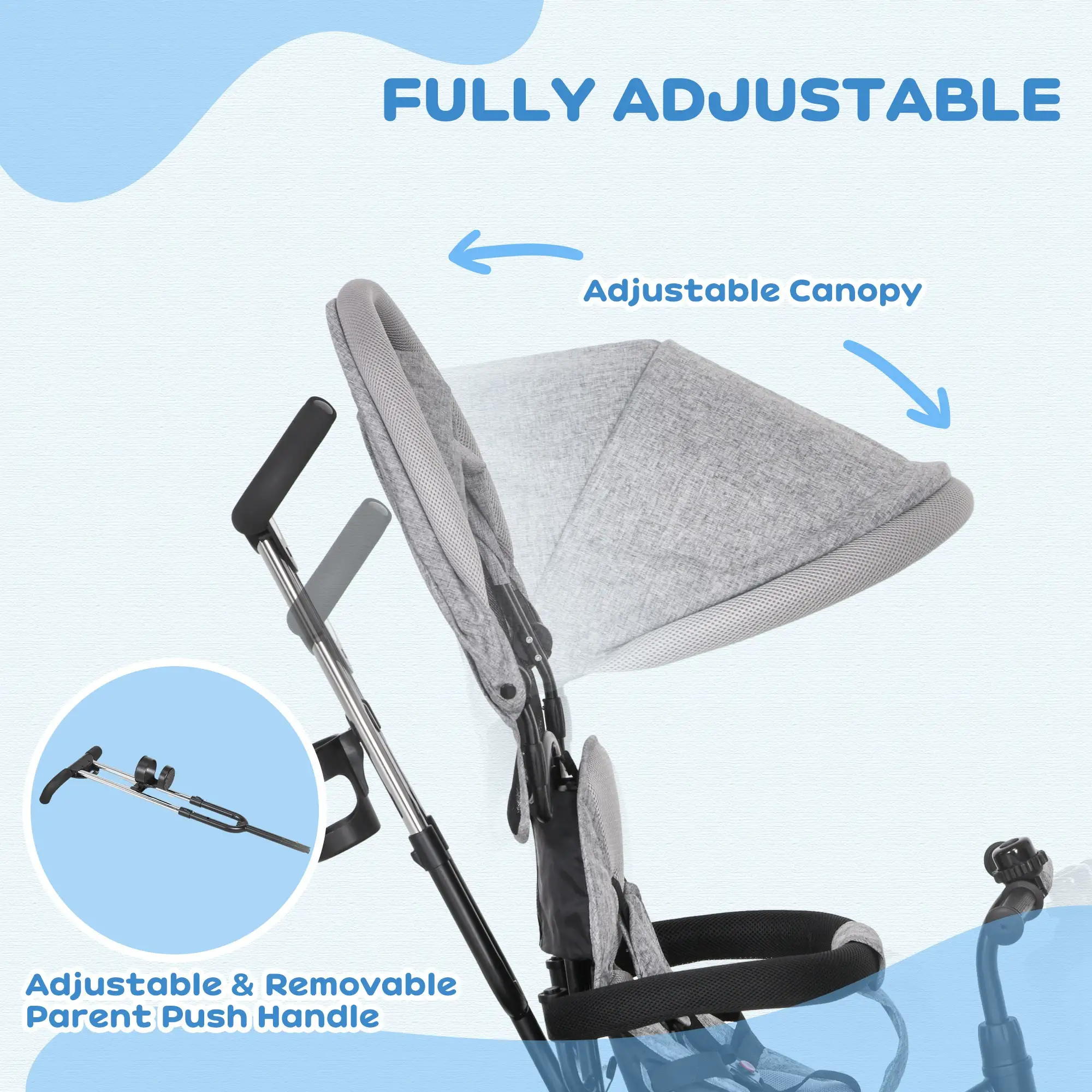 6 in 1 Toddler Tricycle Stroller, Basket, Canopy, 5-Point Harness, 12-60 Months, Grey - Image 5