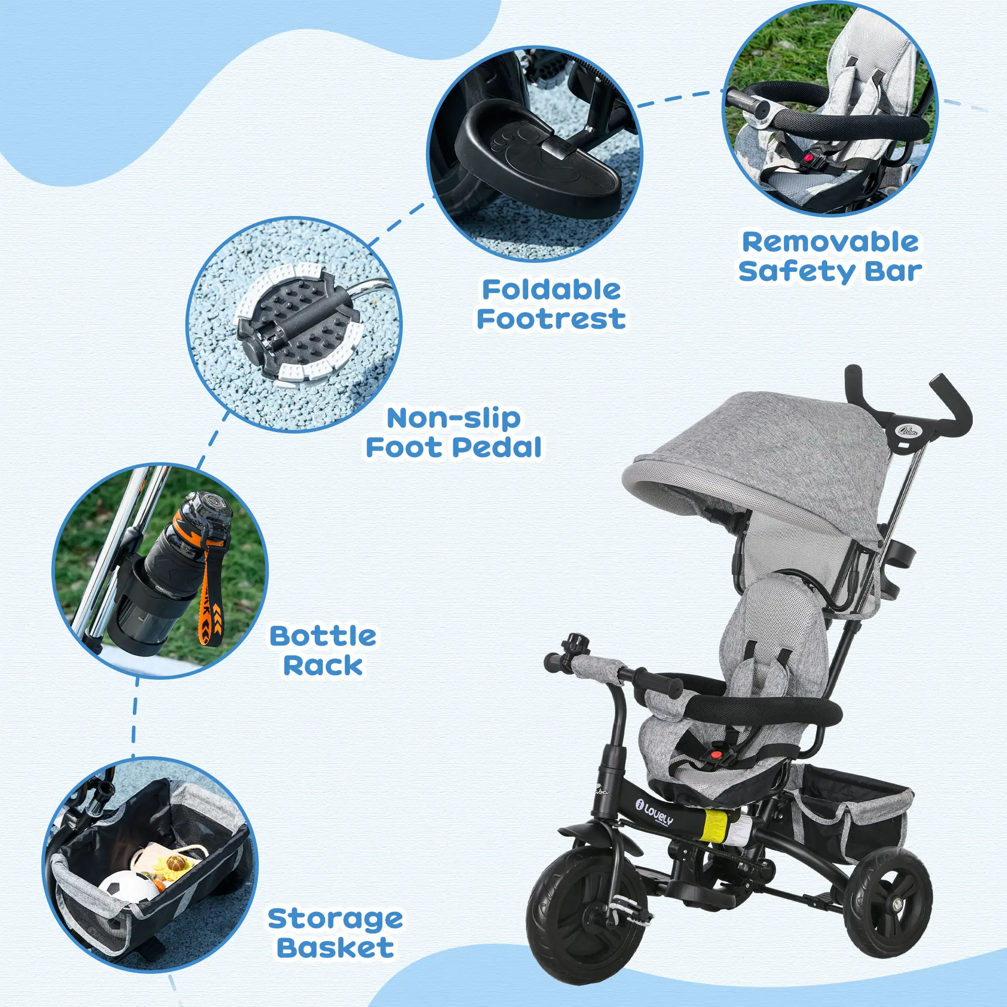 6 in 1 Toddler Tricycle Stroller, Basket, Canopy, 5-Point Harness, 12-60 Months, Grey - Image 6