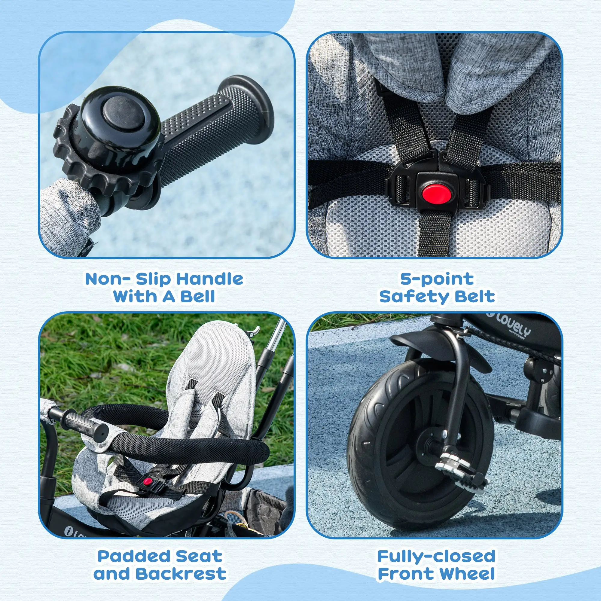 6 in 1 Toddler Tricycle Stroller, Basket, Canopy, 5-Point Harness, 12-60 Months, Grey - Image 7