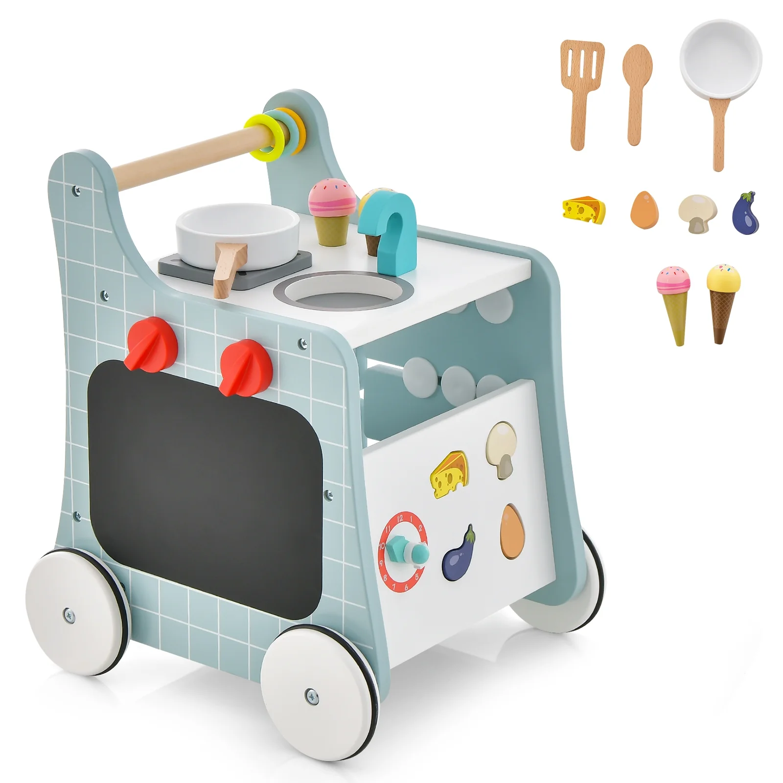 6-In-1 Wooden Baby Stroller With Play Kitchen, Blue