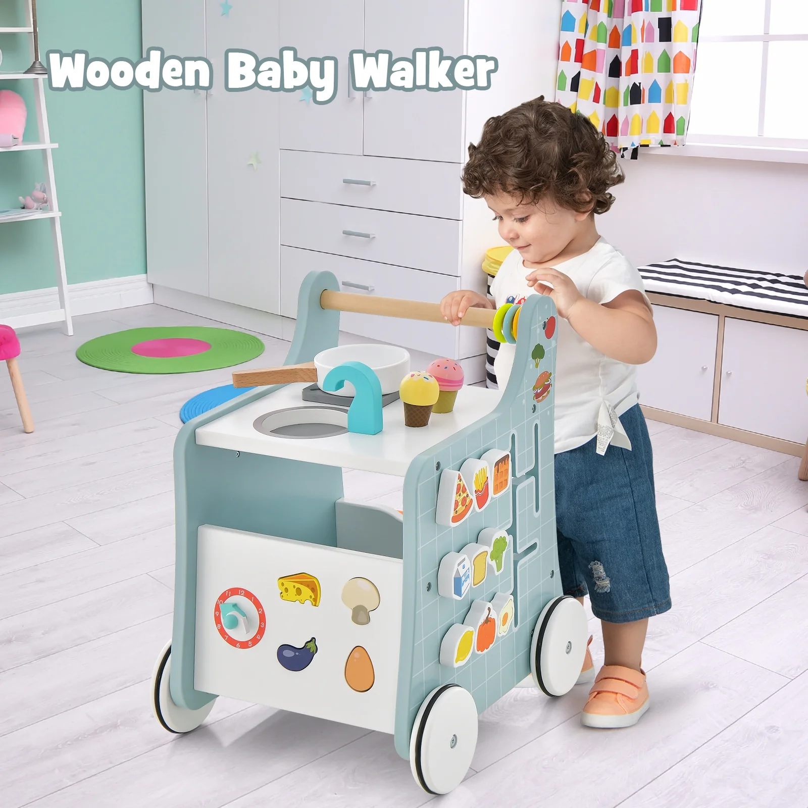 6-In-1 Wooden Baby Stroller With Play Kitchen, Blue - Image 3