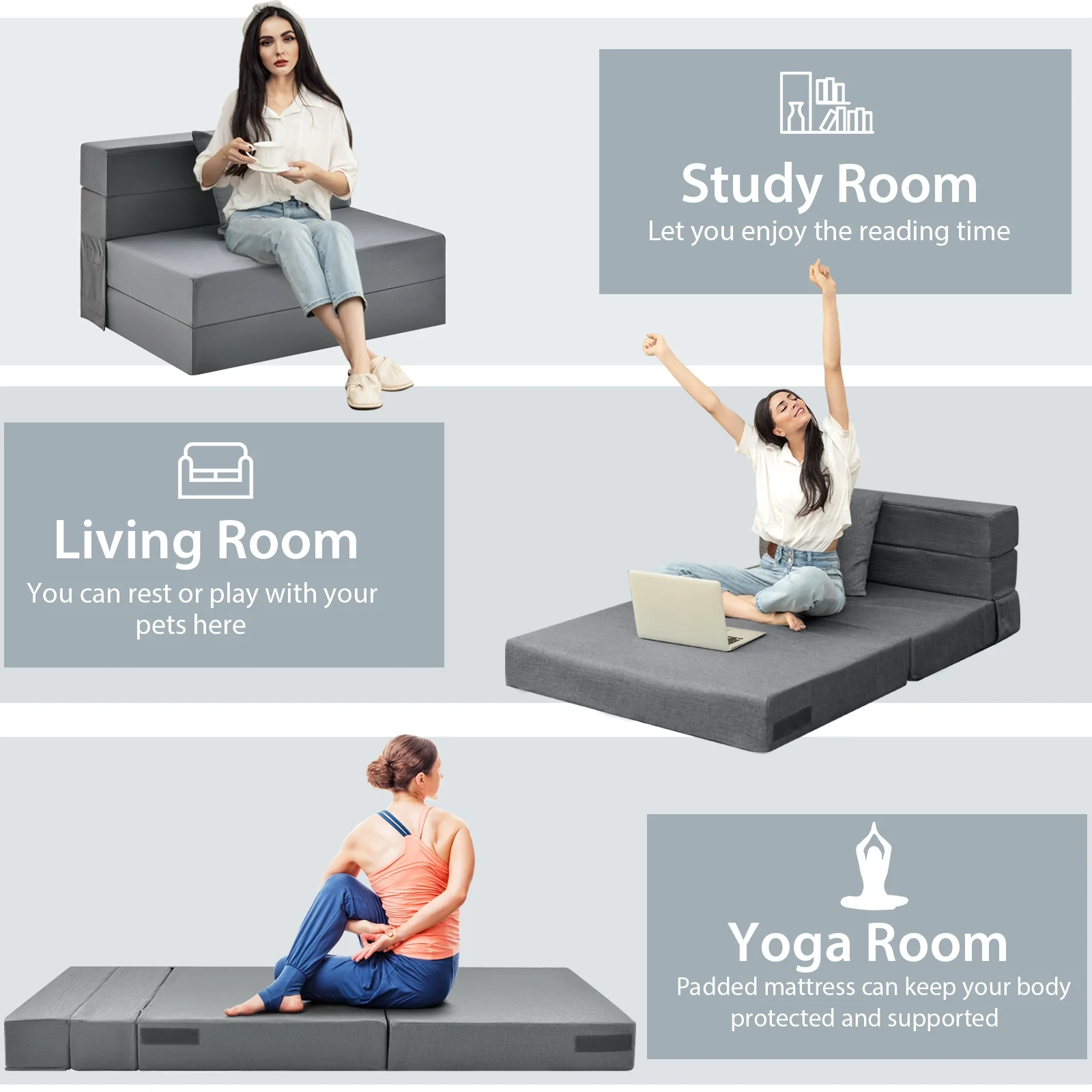6 Inch Tri-Fold Sofa Bed, Folding Mattress With Pillow, Dark Gray - Image 10