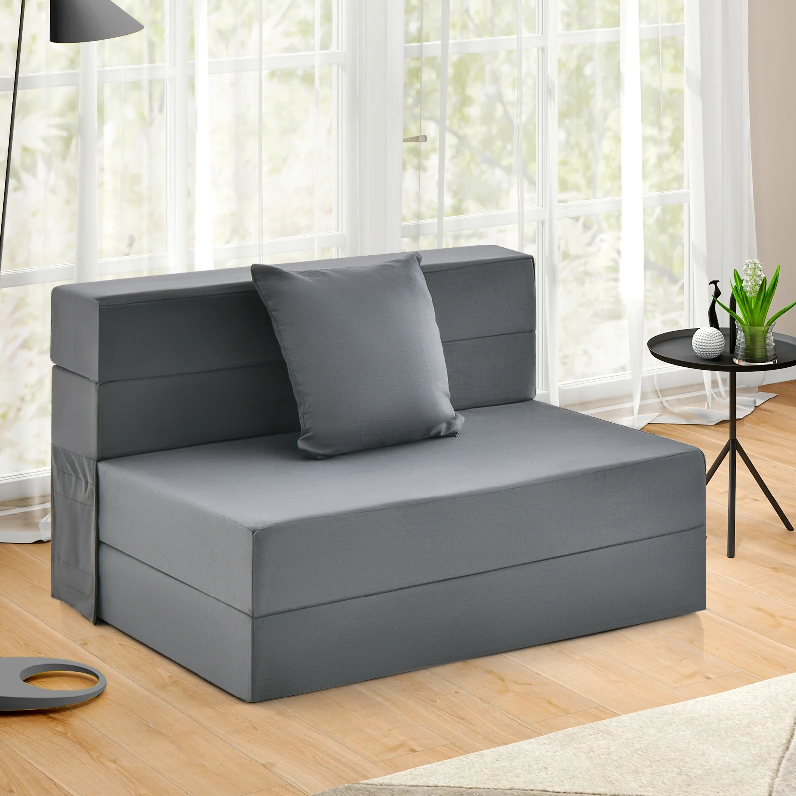 6 Inch Tri-Fold Sofa Bed, Folding Mattress With Pillow, Dark Gray - Image 2