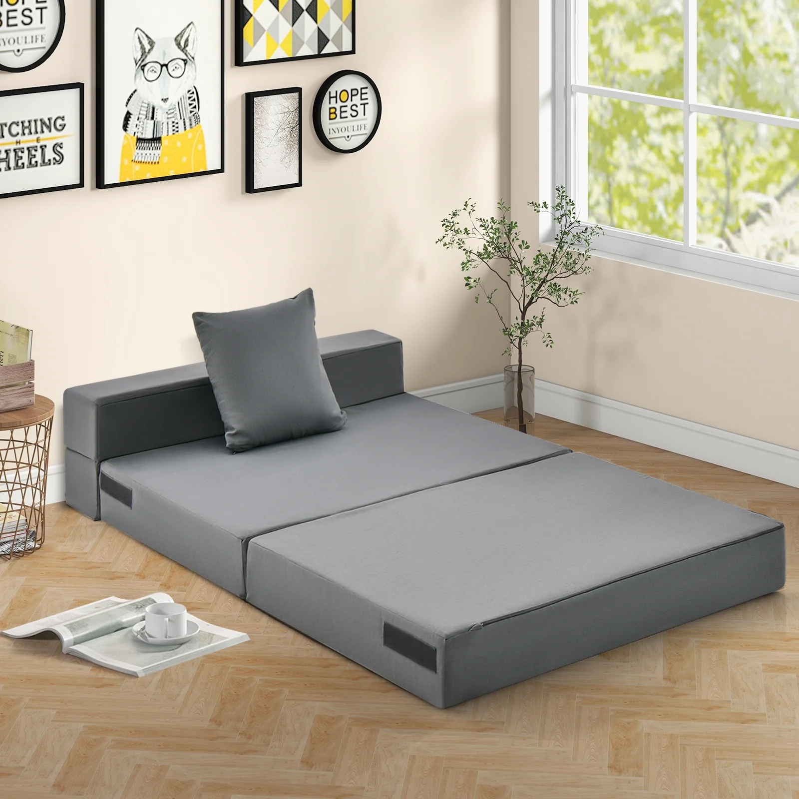 6 Inch Tri-Fold Sofa Bed, Folding Mattress With Pillow, Dark Gray - Image 3